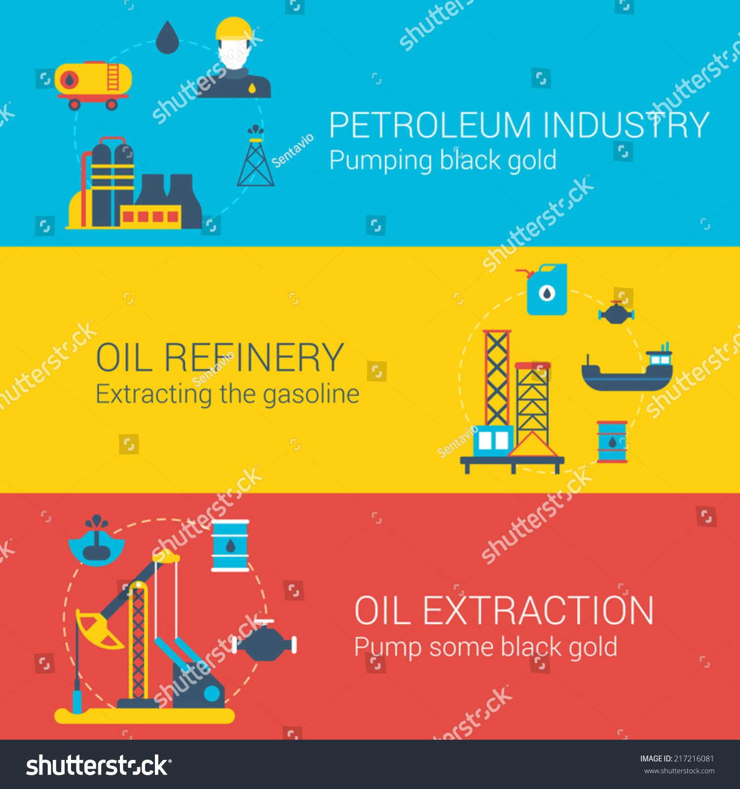 Oil power concept flat icons set of petroleum industry refinery ...