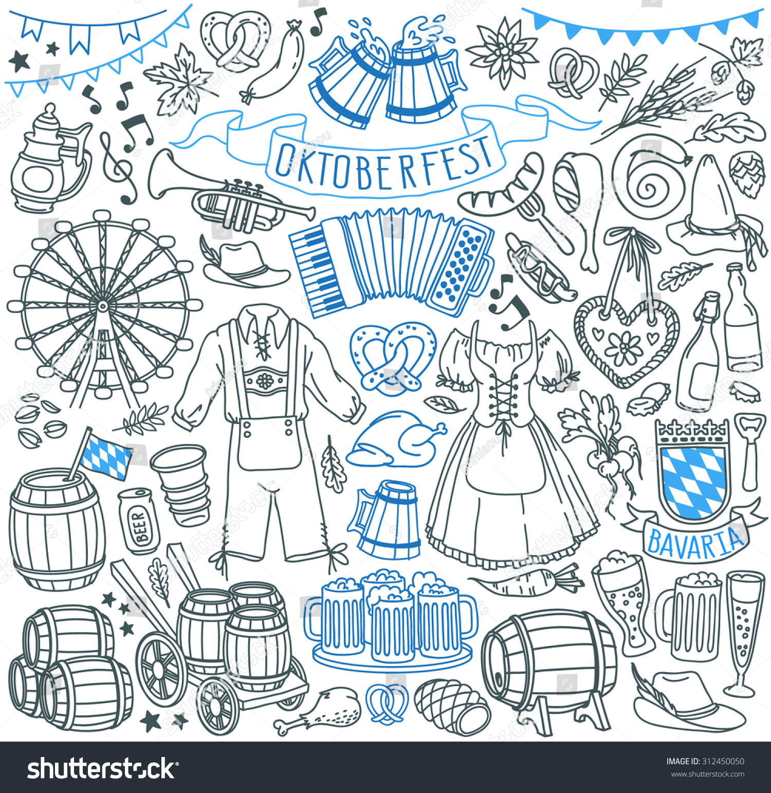 Oktoberfest Themed Doodle Set. Traditional Symbols Bavarian Costumes