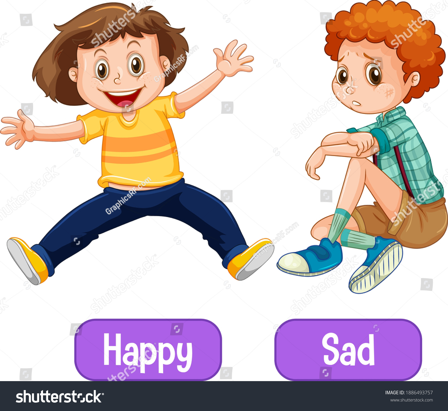 Opposite Adjectives Words Happy Sad Illustration Stock Vector Royalty