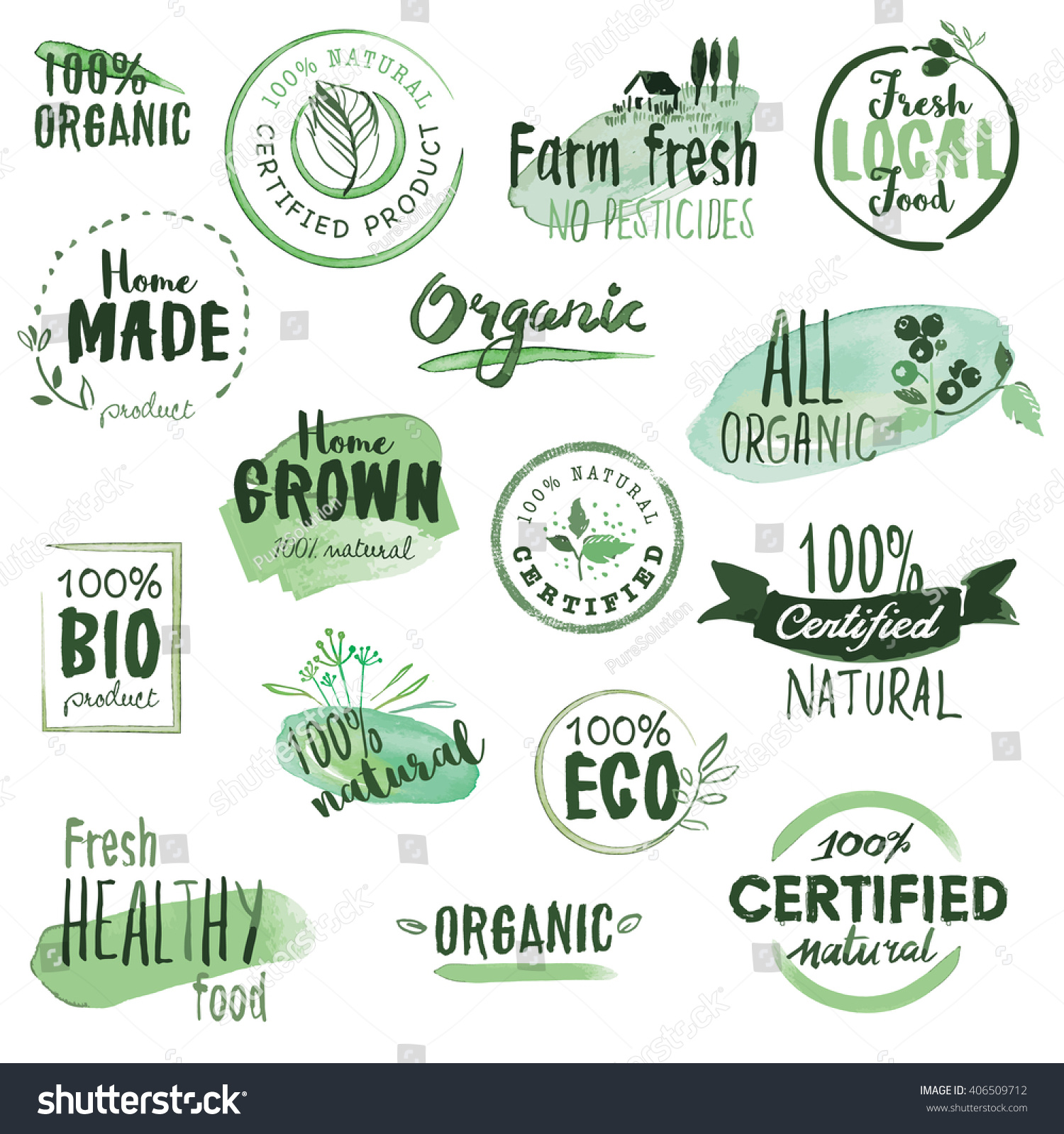 Organic food stickers and badges Hand drawn watercolor vector illustration set for food and drink restaurant natural products Organic food stickers and badges Hand drawn watercolor vector illustration set for food and drink restaurant natural products