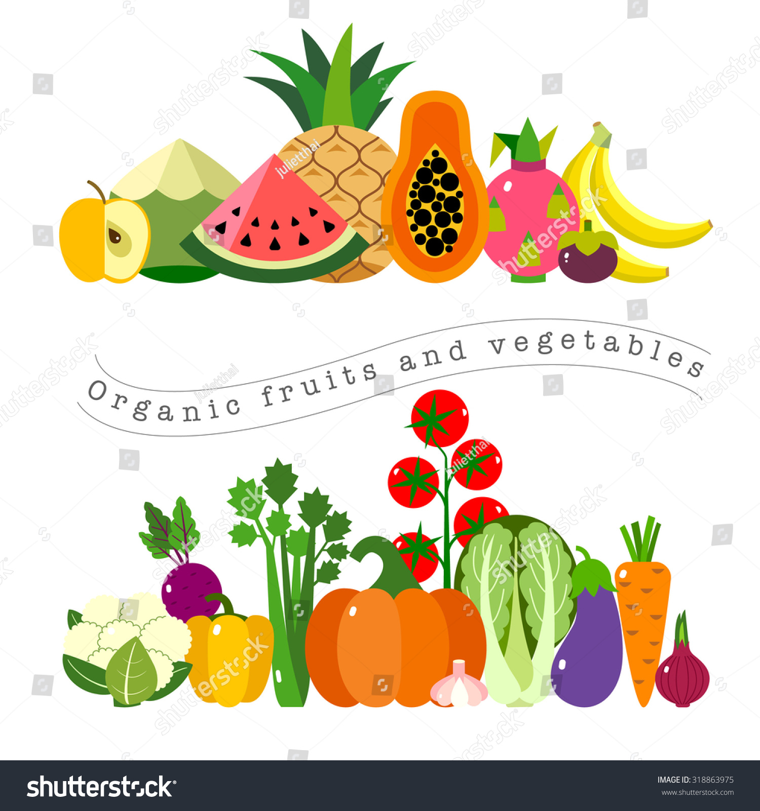 Organic Fruits And Vegetables Template. Vector Illustration, Set Of 