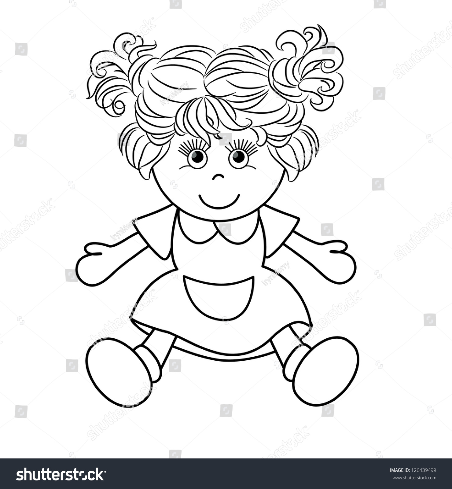 Outlined Girl Doll Toy Vector Illustration On White Background 