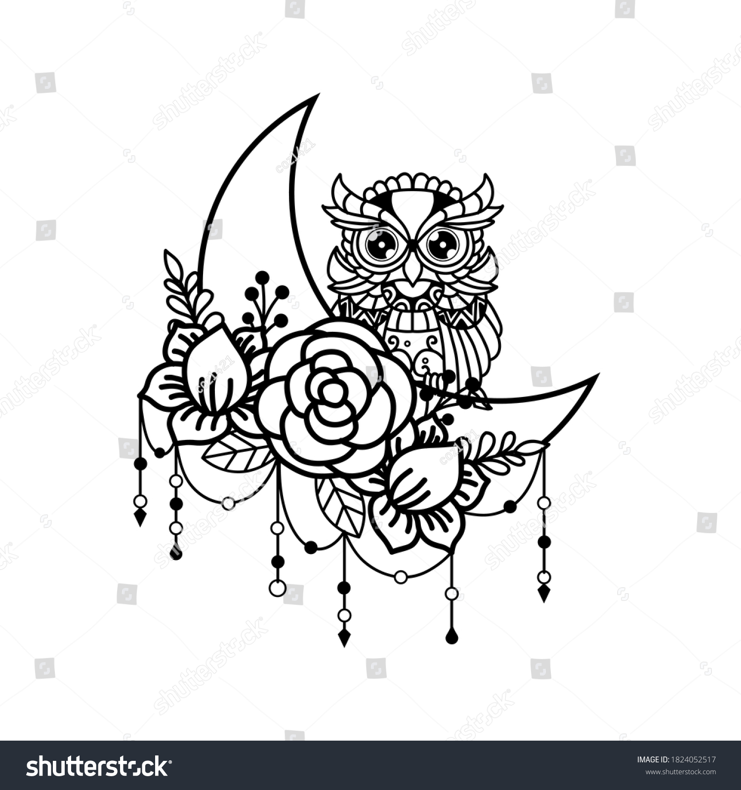 Owl Crescent Moon Illustration Stock Vector Royalty Free 1824052517