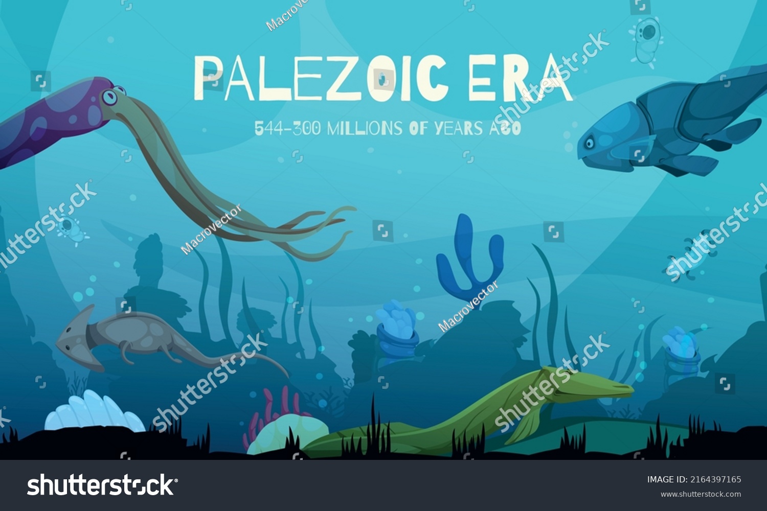 Paleozoic Era Cartoon Composition Underwater Creatures Stock Vector