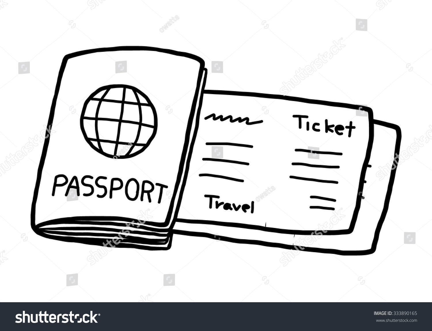 Passport Ticket Cartoon Vector Illustration Black Stock