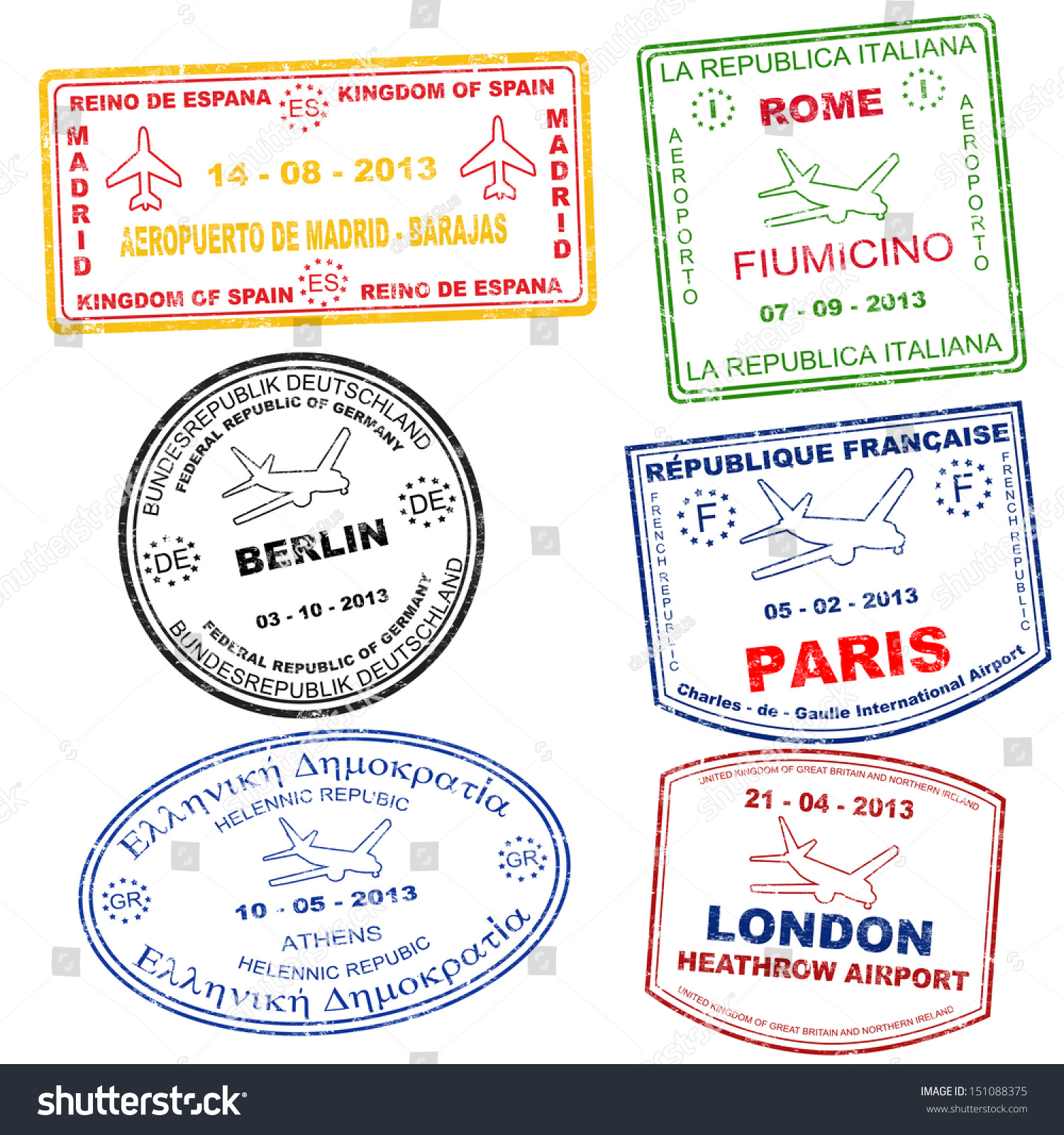 Passport Grunge Stamps From Athens Rome Paris Berlin London And Madrid Vector Illustration 9191