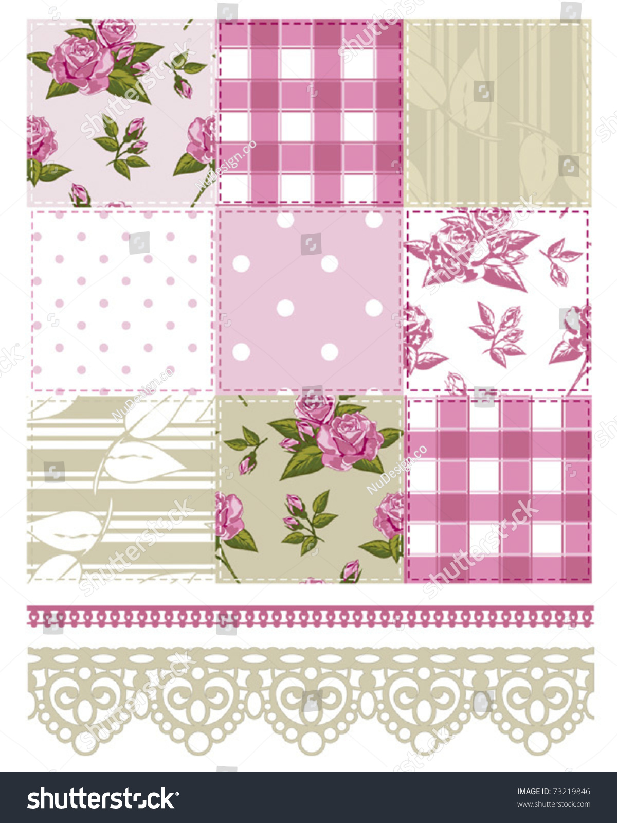 Patchwork Floral Rose Pattern And Trims. Use To Print Onto Fabric Or