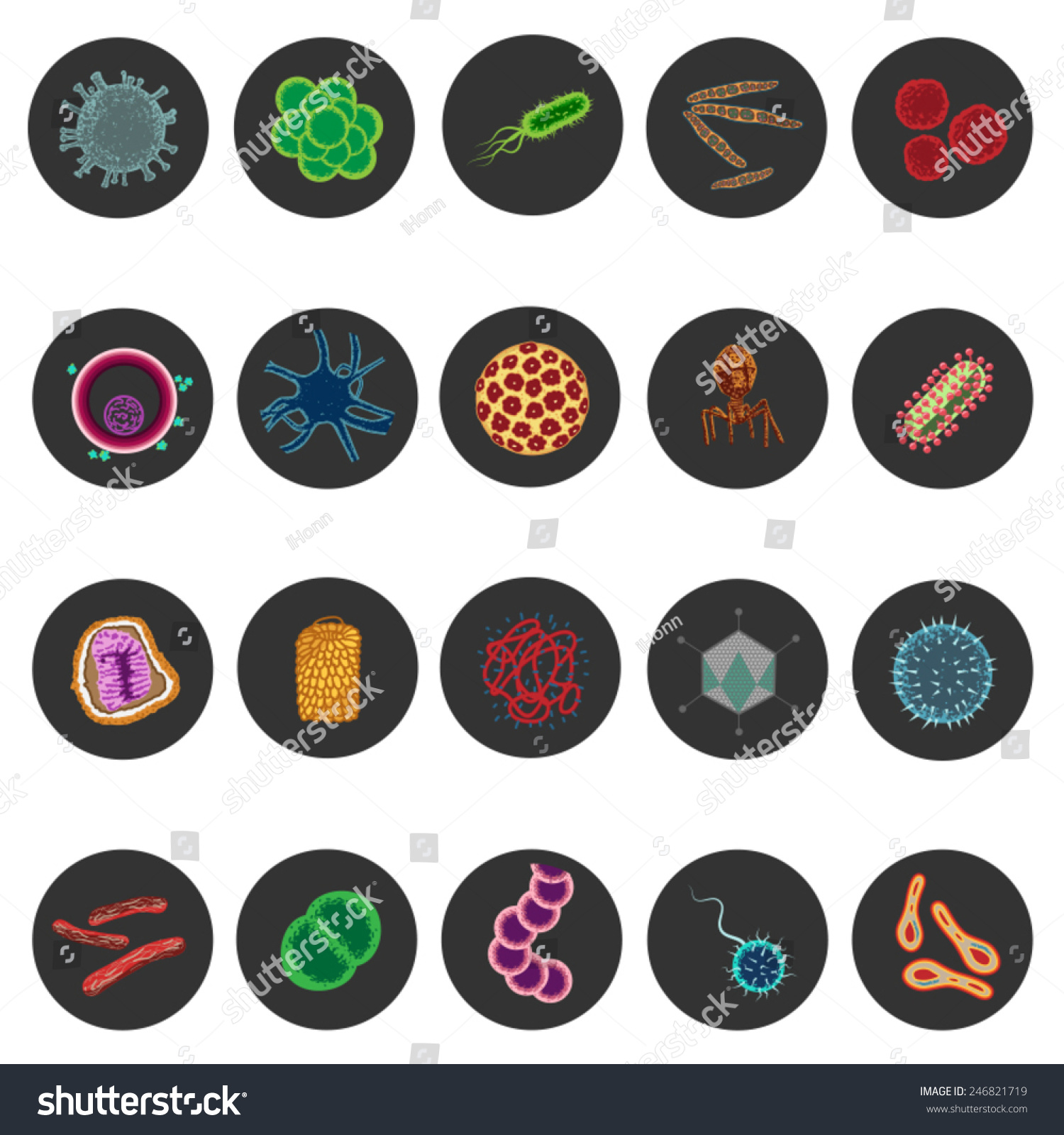 Pathogen, Bacteria And Virus Cells Icons Set In Flat Design