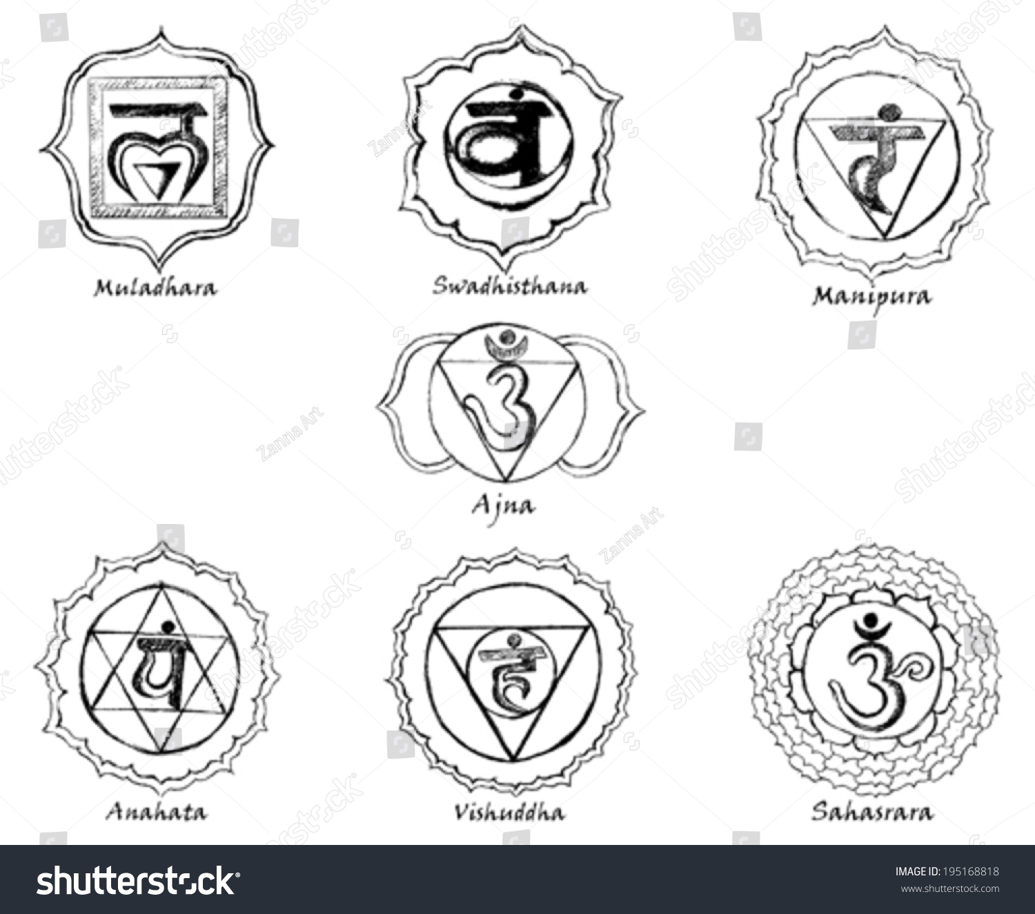 Pencil Drawings Of Seven Chakras, Sketches Stock Vector Illustration