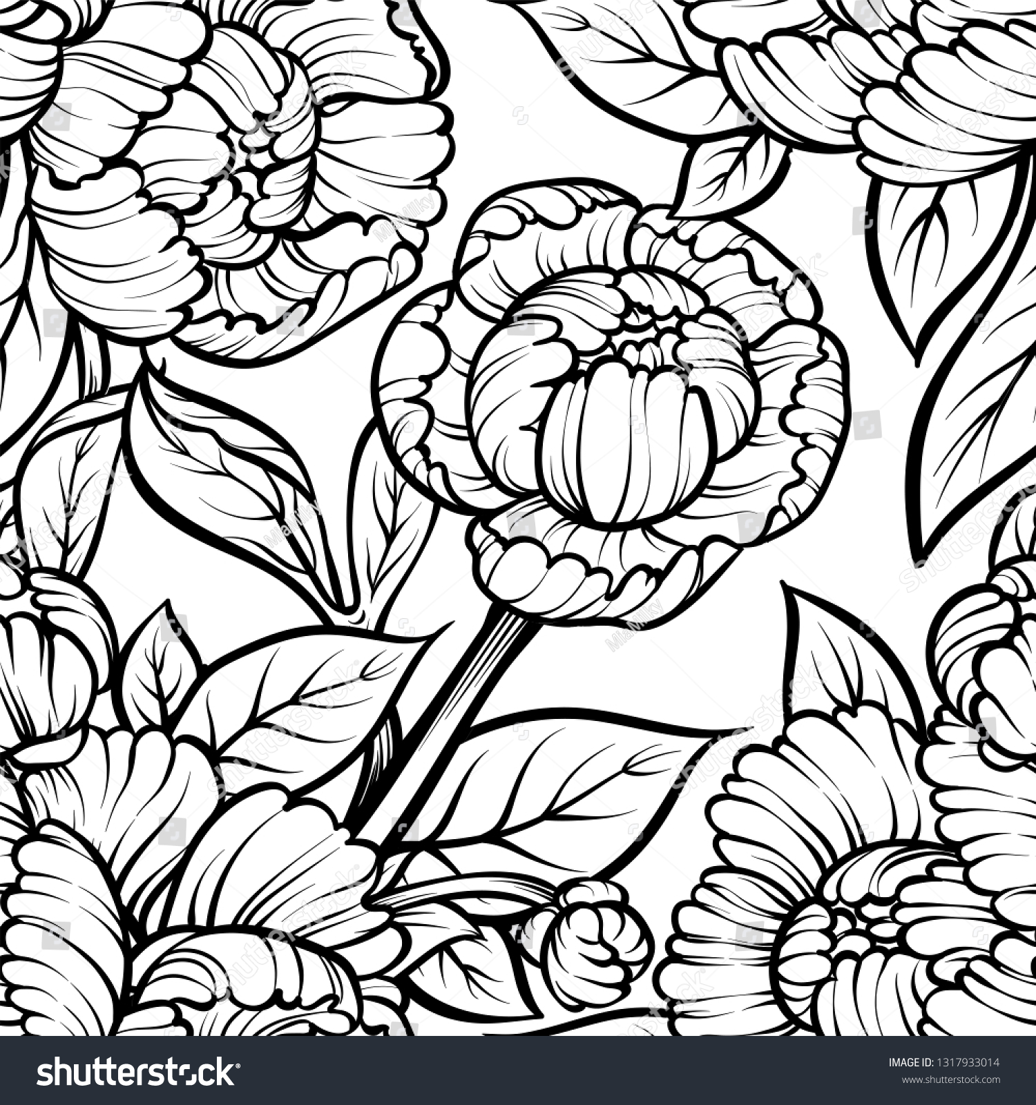 Peony Flower Seamless Pattern Line Drawing Stock Vector Royalty Free