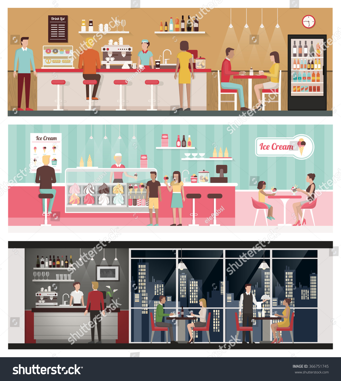 People eating and drinking in a bar in an ice-cream shop and in a luxury restaurant healthy eating and lifestyle concept People eating and drinking in a bar in an ice-cream shop and in a luxury restaurant healthy eating and lifestyle concept