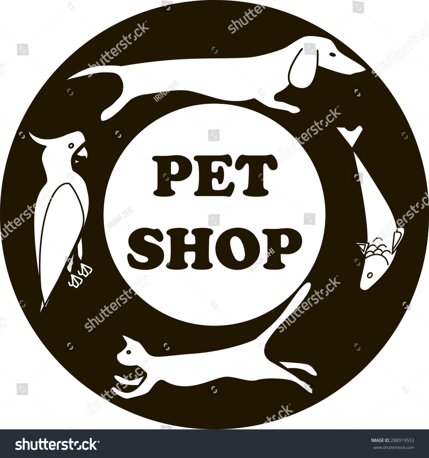 Pet Shop Logo Template. White Silhouettes Of Dog, Cat, Fish, Parrot On