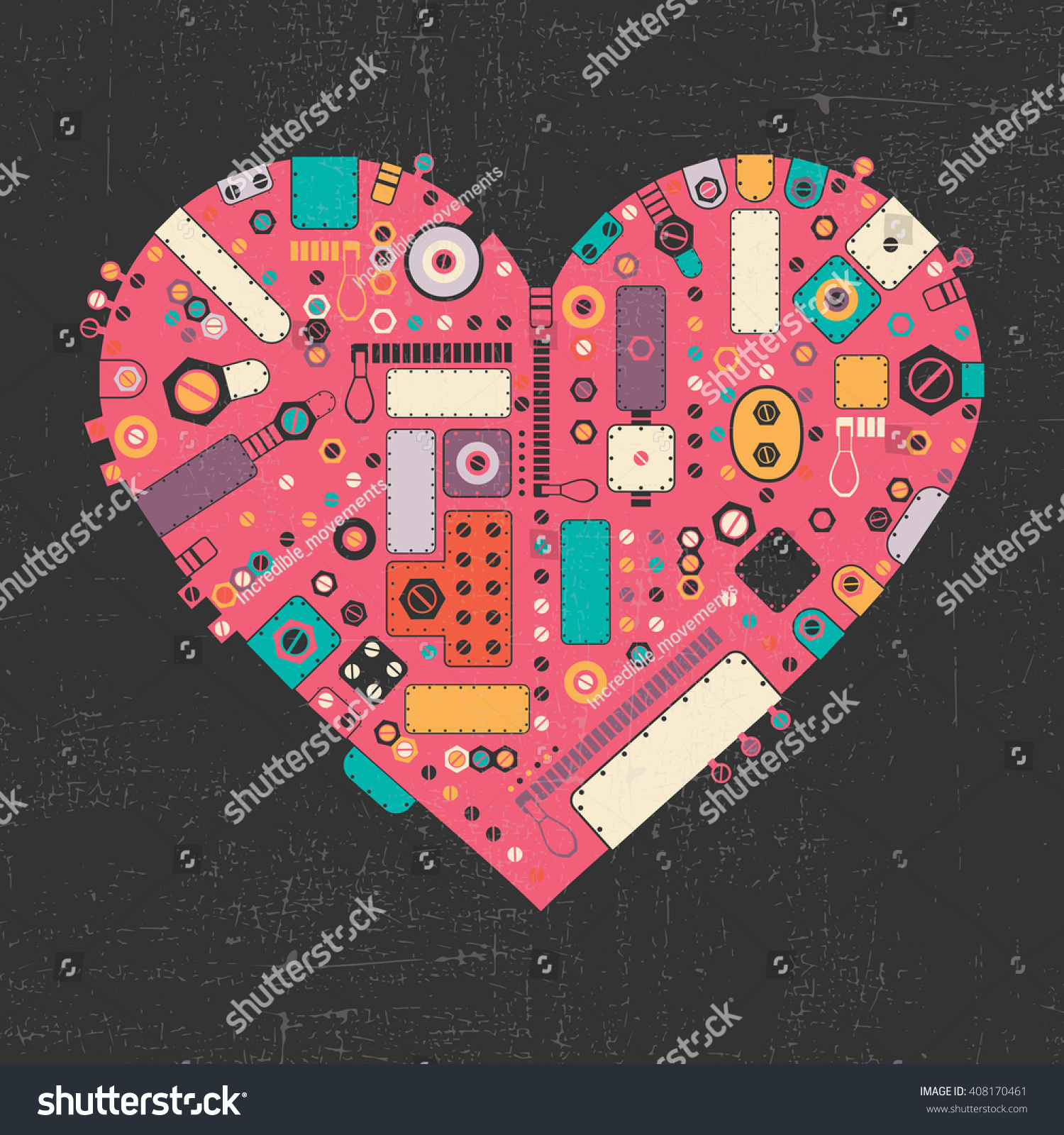Pink steam punk heart with different color element shapes on black grunge background Vector illustration Pink steam punk heart with different color element shapes on black grunge background Vector illustration