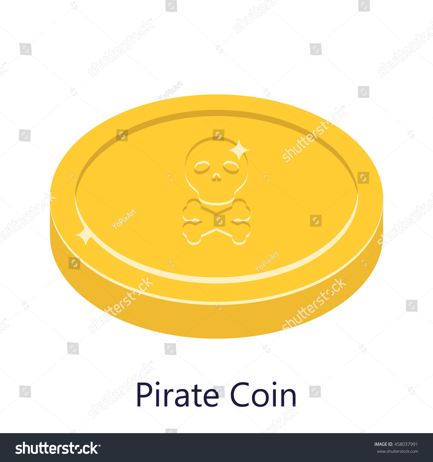 Pirate Coin Gold Vector Illustration Skull Sign On Golden Coin Piece Of Money