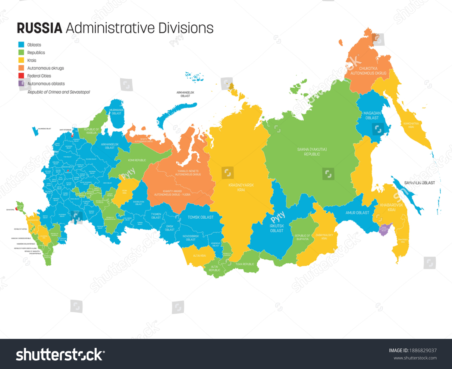 Vektor Stok Political Map Russia Russian Federation Divided Tanpa