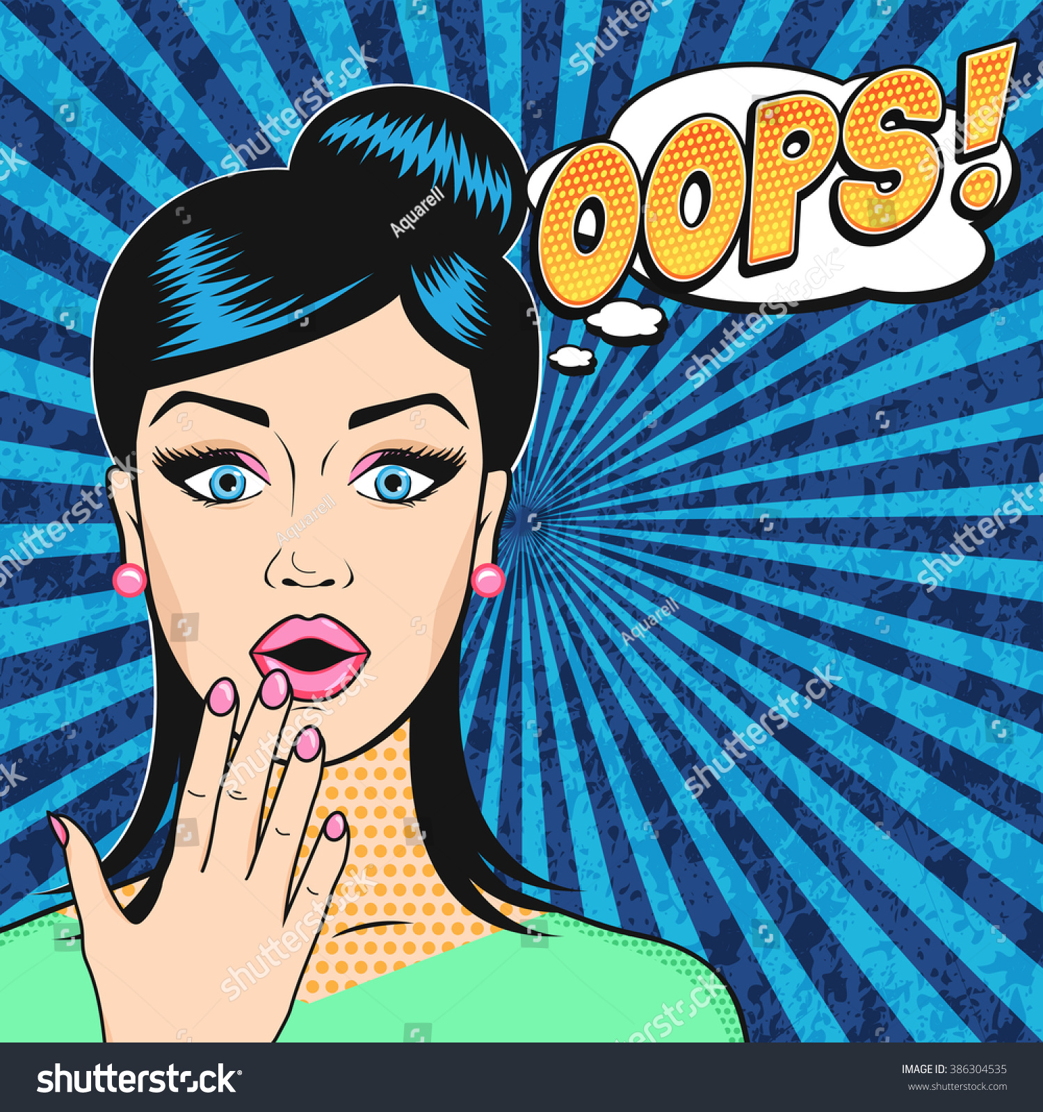 Pop Art Surprised Woman Face With Open Mouth And Oops Bubble In Retro Comic Style Stock Vector