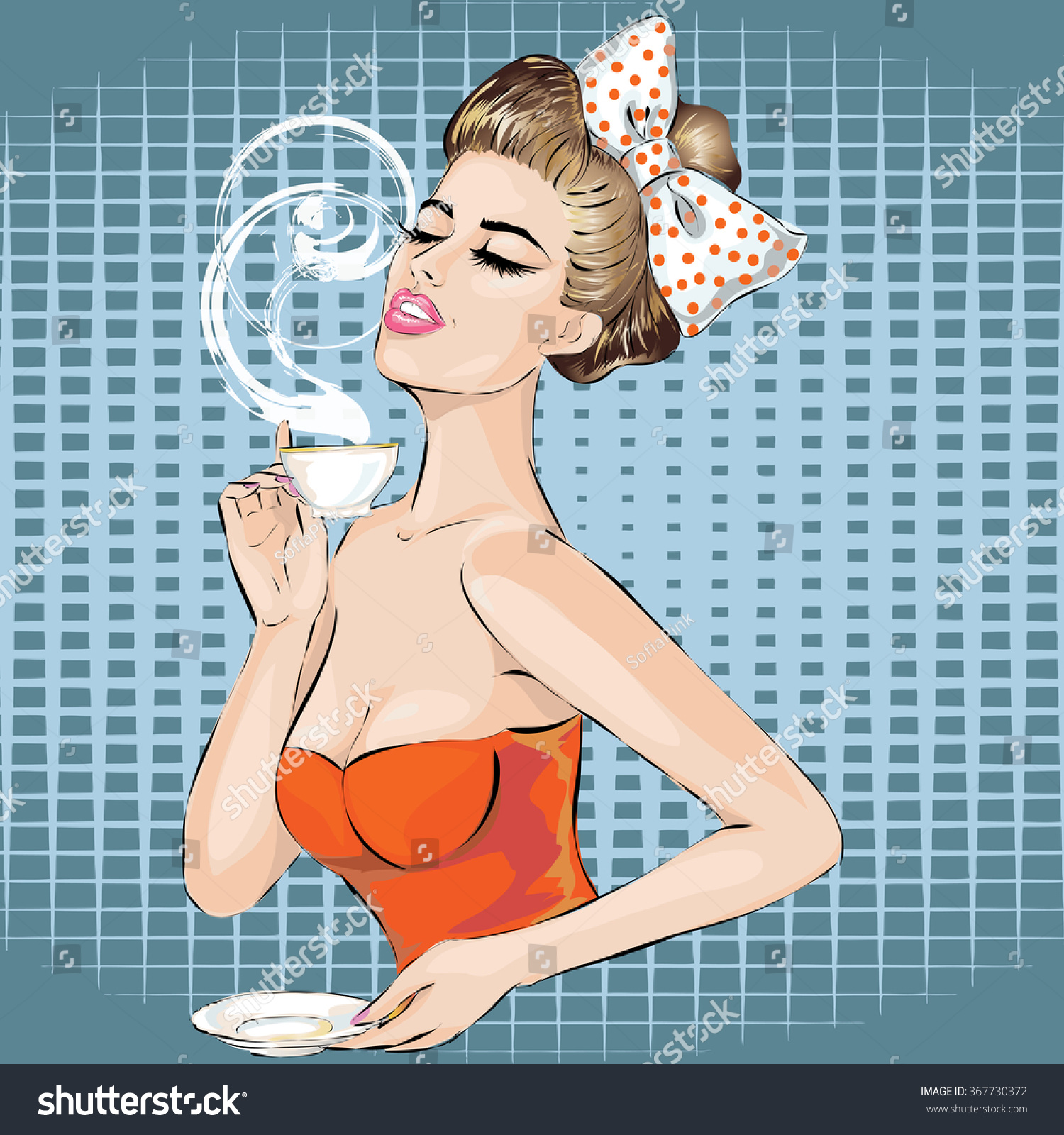 Pop Art Woman Portrait With Morning Cup Of Tea Pin Up Girl Fashion