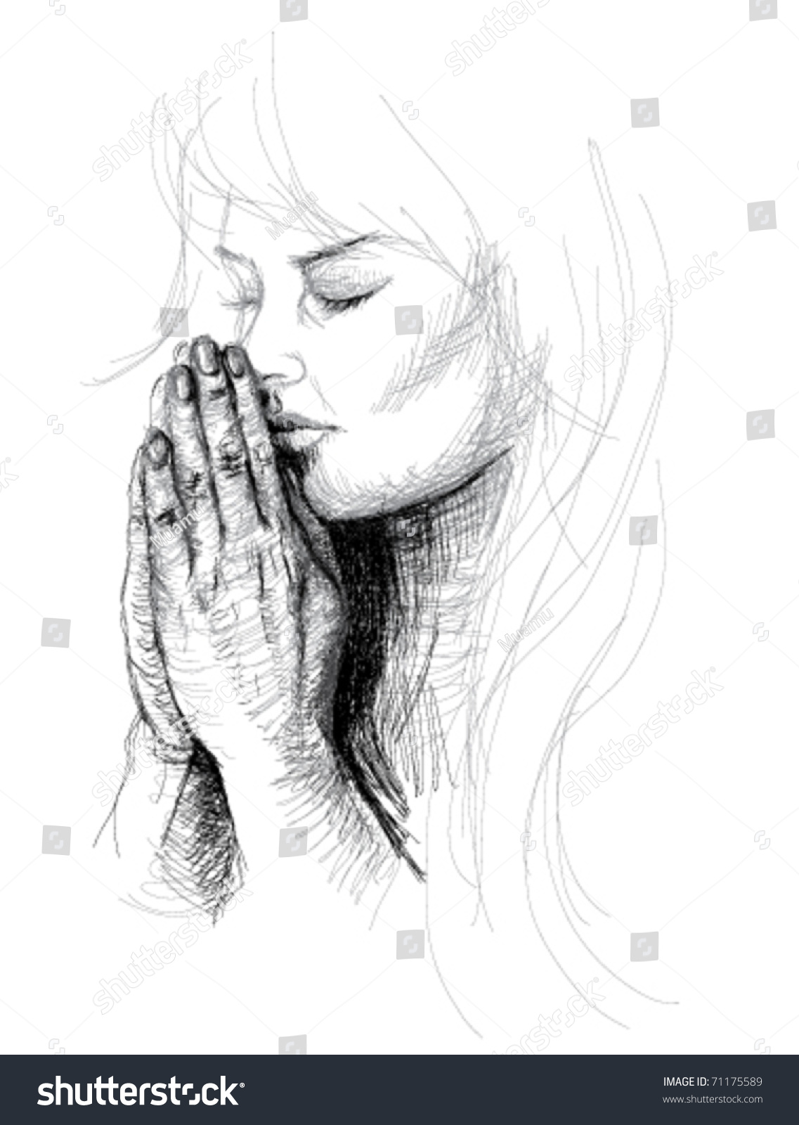 Portrait Young Woman Praying Realistic Sketch Stock Vector 71175589