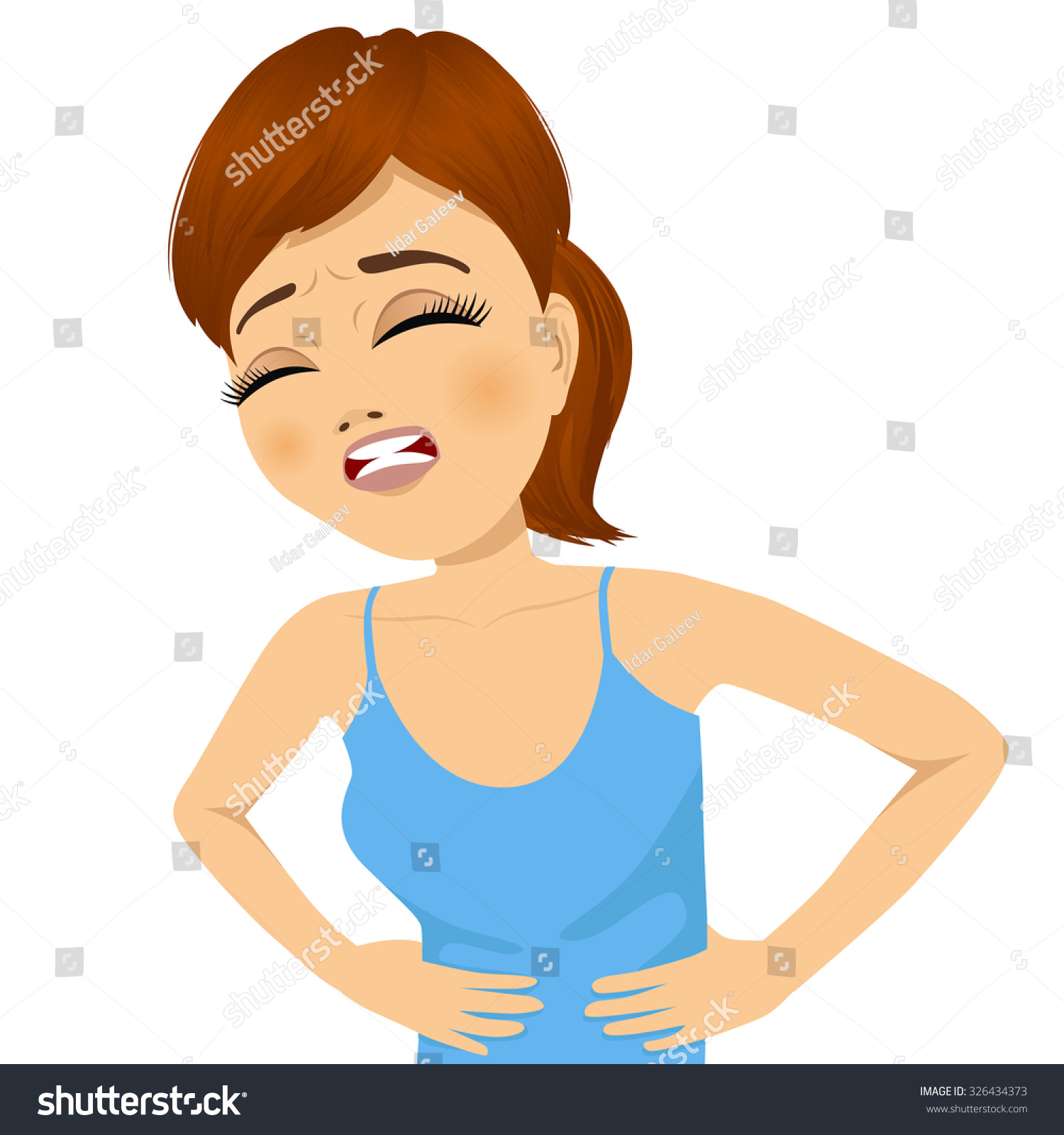 Portrait Of Girl Touching Her Belly Having Terrible Stomachache Pain 