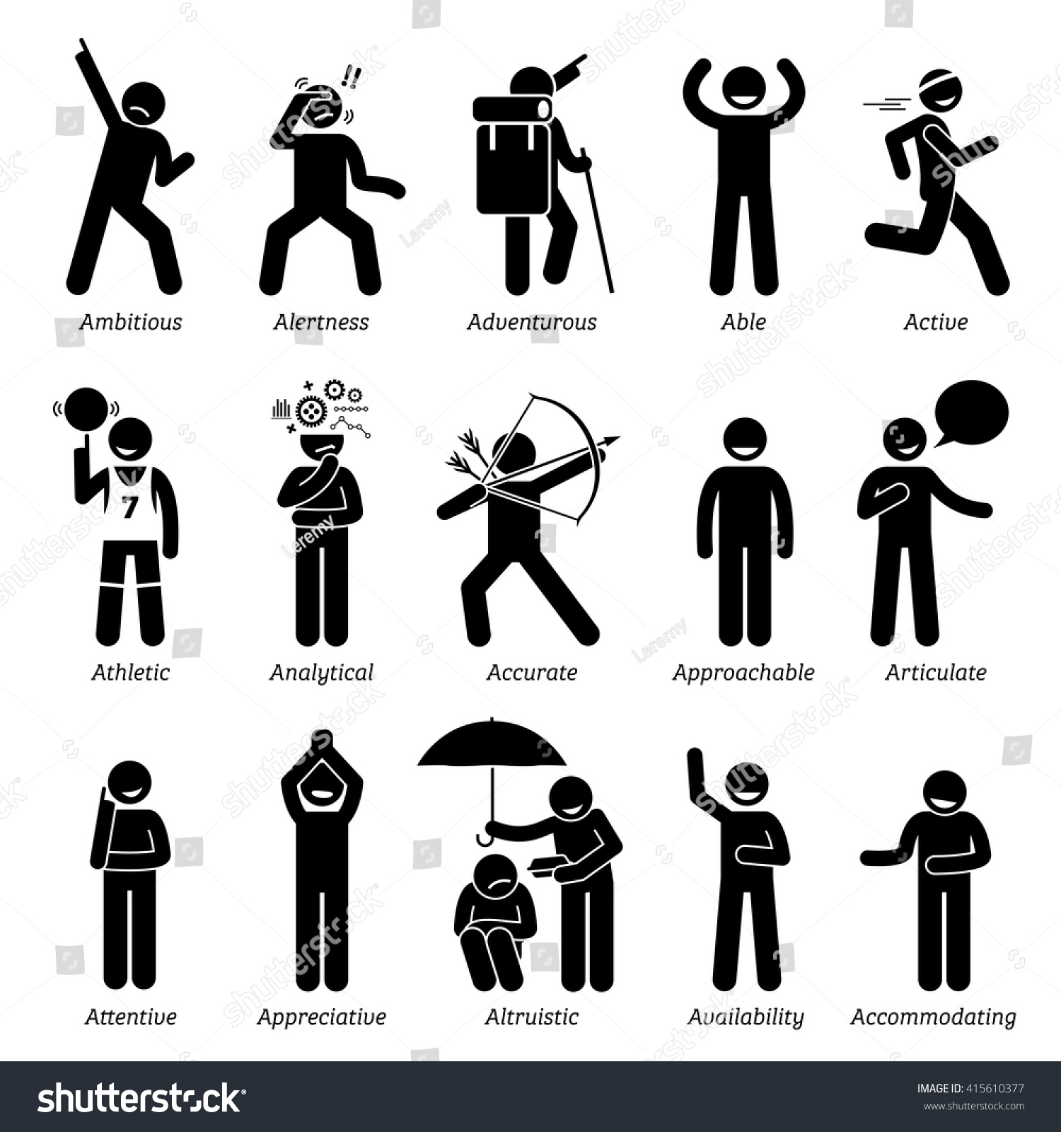 Positive Good Personalities Character Traits Stick Figures Man Icons
