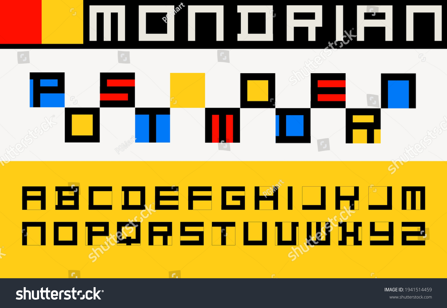 Postmodern Decorative Alphabet Mondrian Style Font Stock Vector