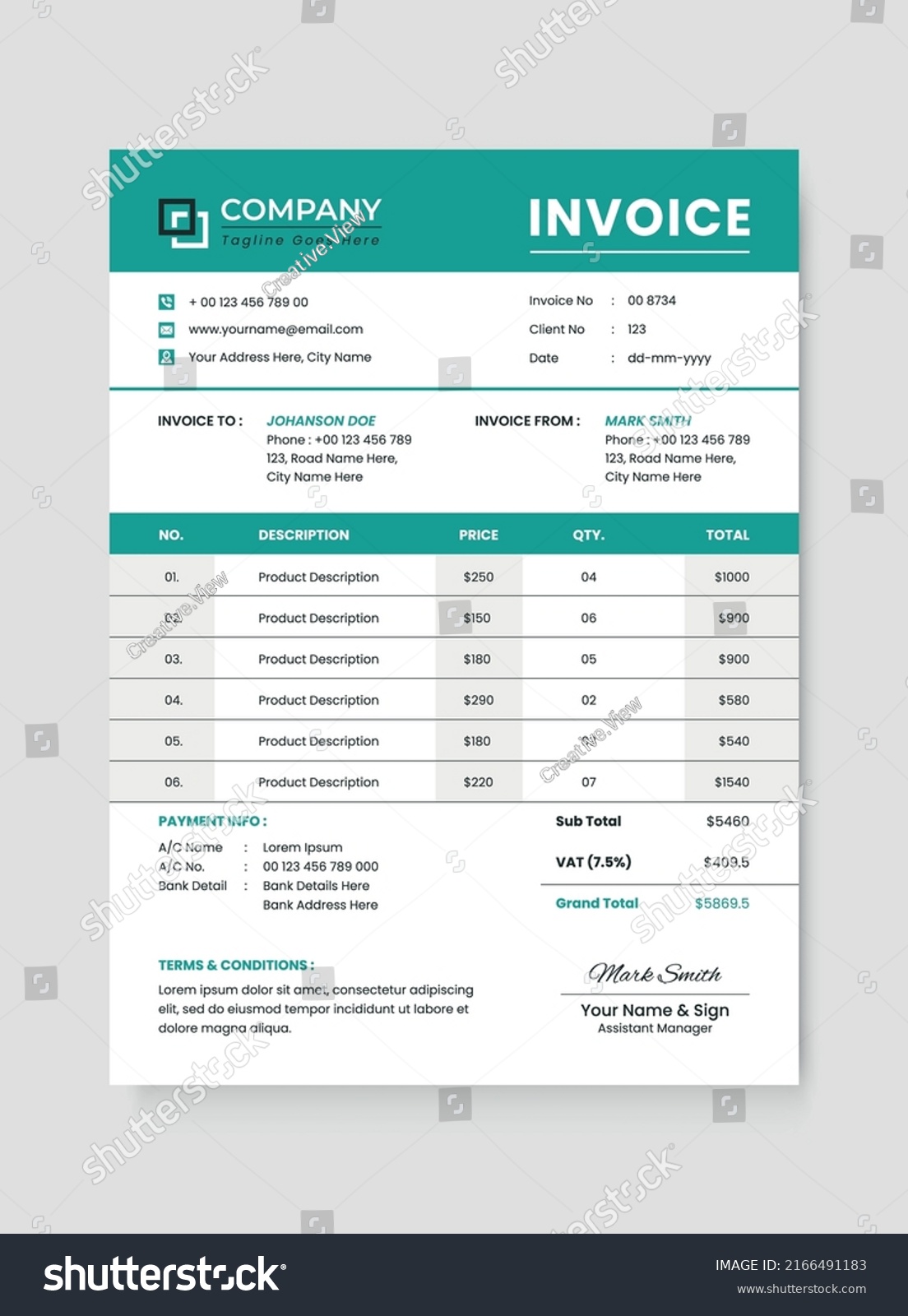 Professional Modern Business Invoice Design Template Stock Vector