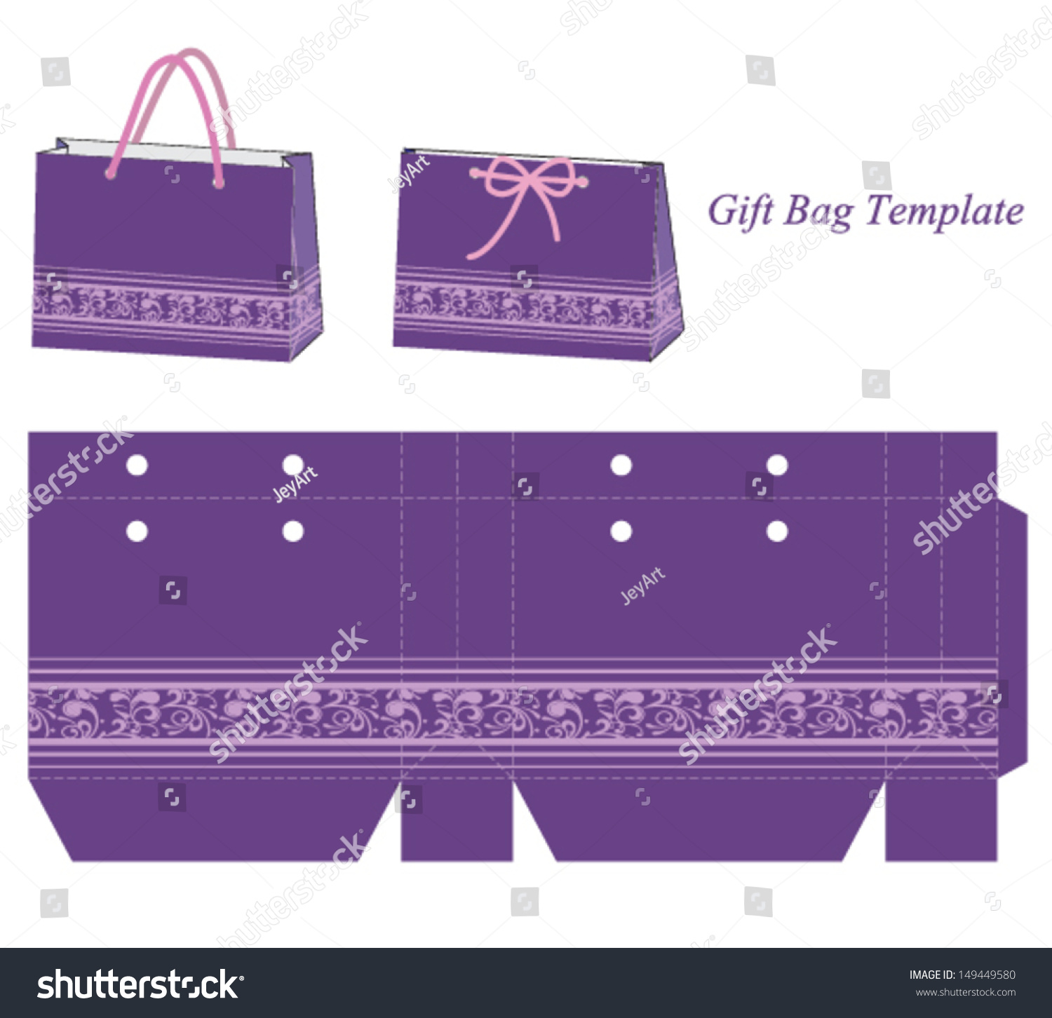 Purple Gift Bag Template With Floral Pattern. Vector Illustration