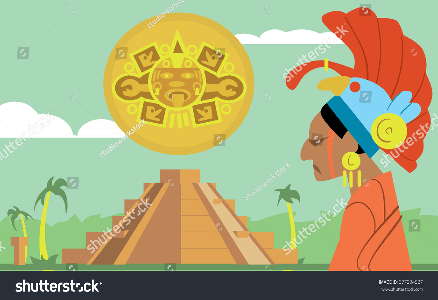 Pyramid Maya Chief Of The Tribe Maya Vector Illustration Mayan Mayan