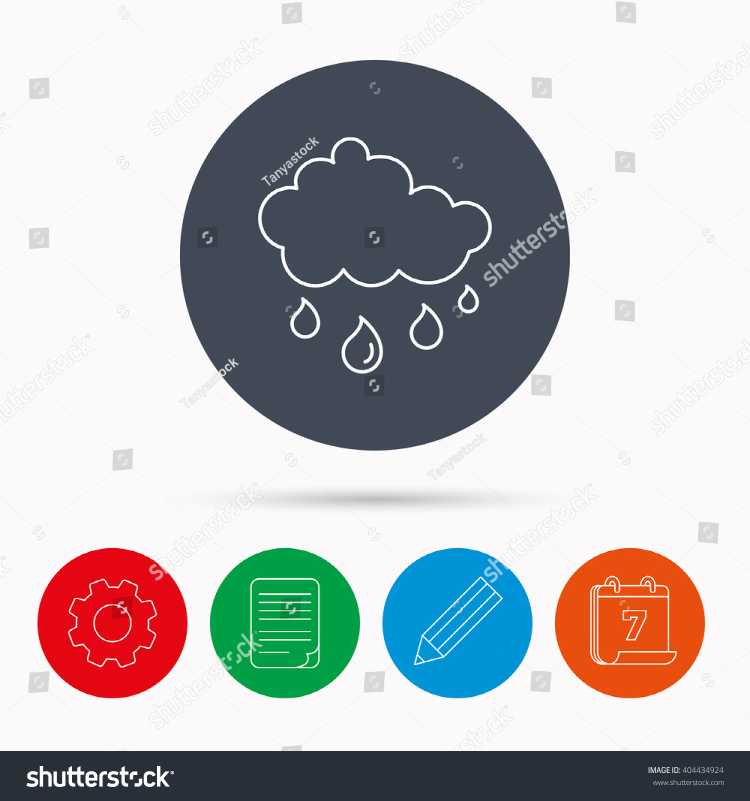 Rain icon Water drops and cloud sign Rainy overcast day symbol Calendar cogwheel document file and pencil icons Rain icon Water drops and cloud sign Rainy overcast day symbol Calendar cogwheel document file and pencil icons