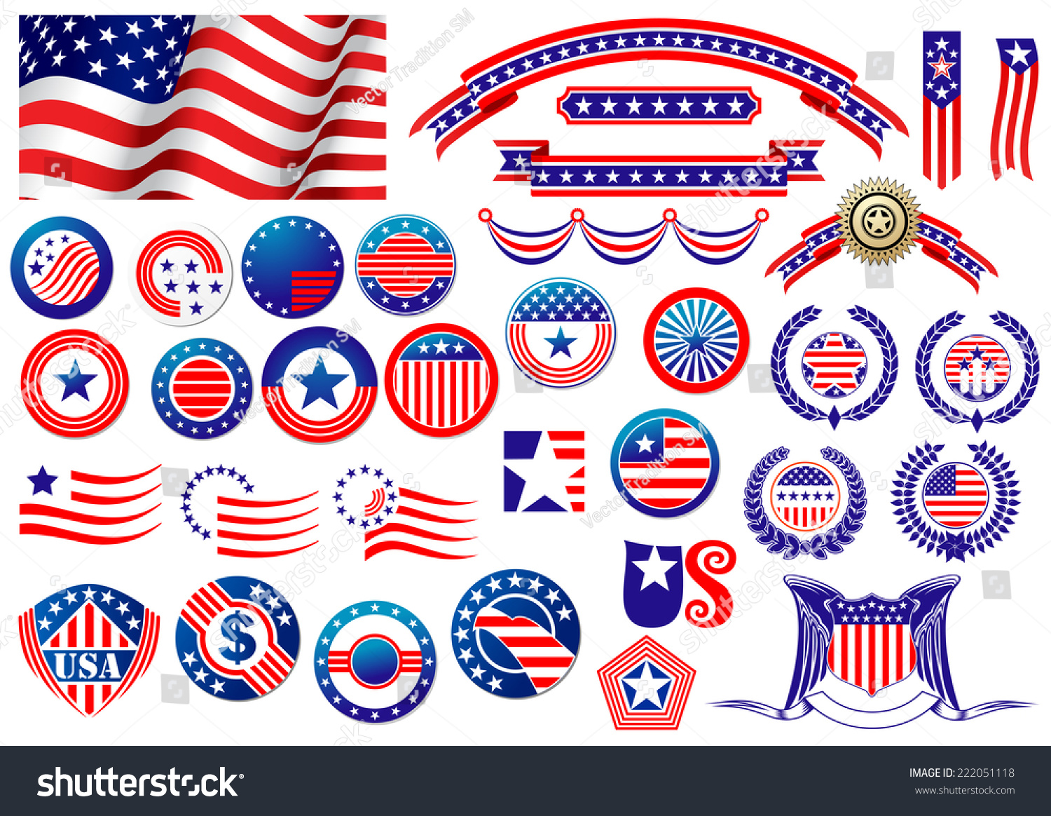 Red And Blue Patriotic American Badges And Labels With Flag Banners