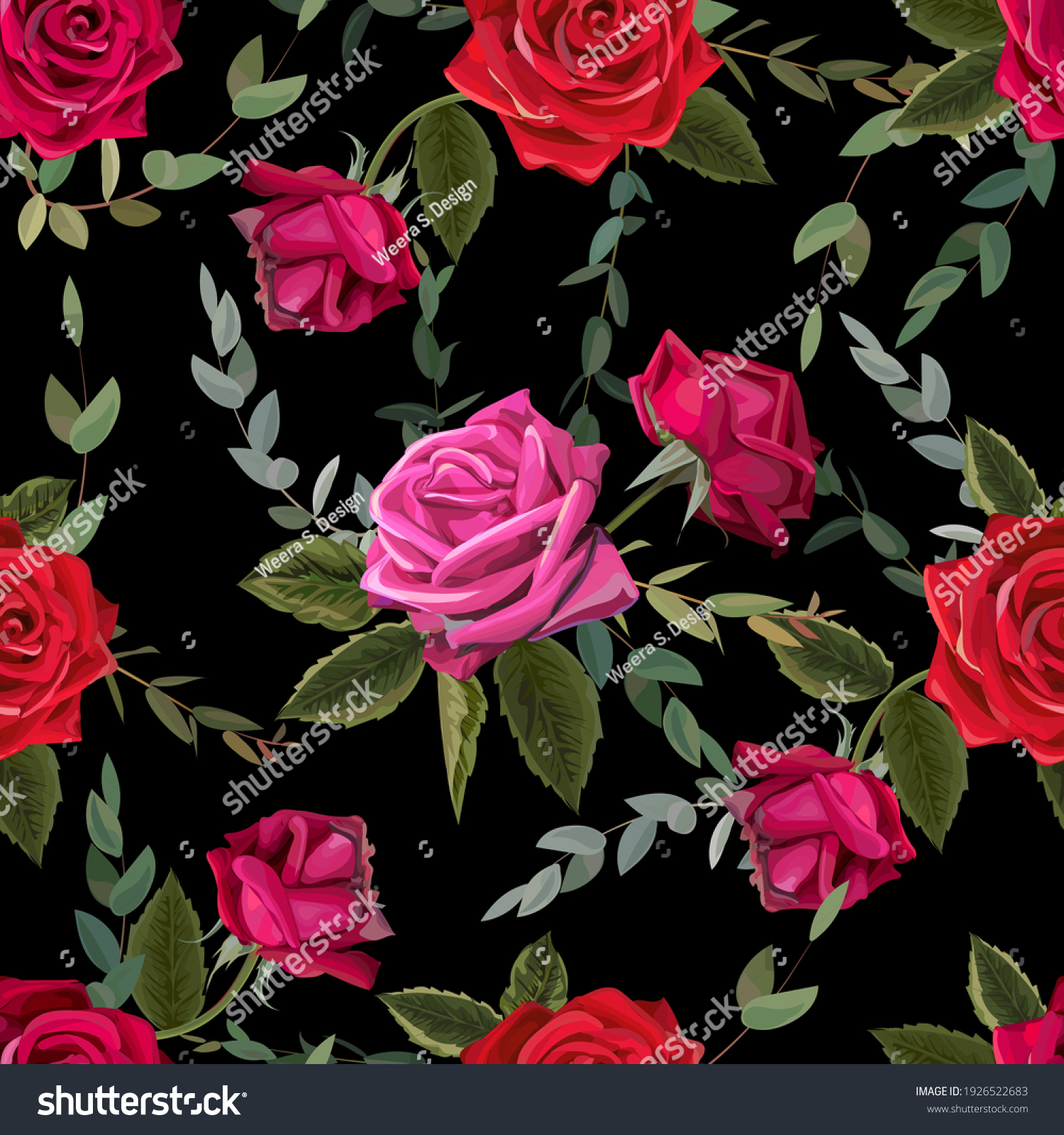 Red Rose Seamless Pattern Vector Illustration Stock Vector Royalty