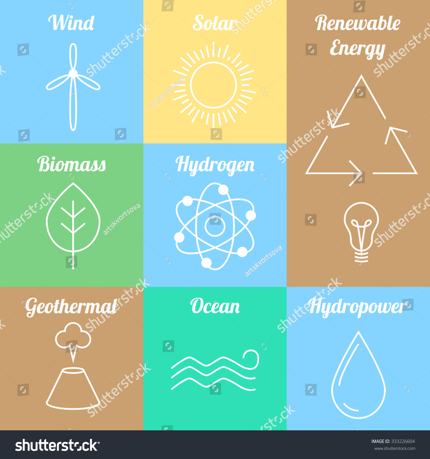 Renewable Energy Set Of Thin Lines Icons. Wind, Solar, Biomass