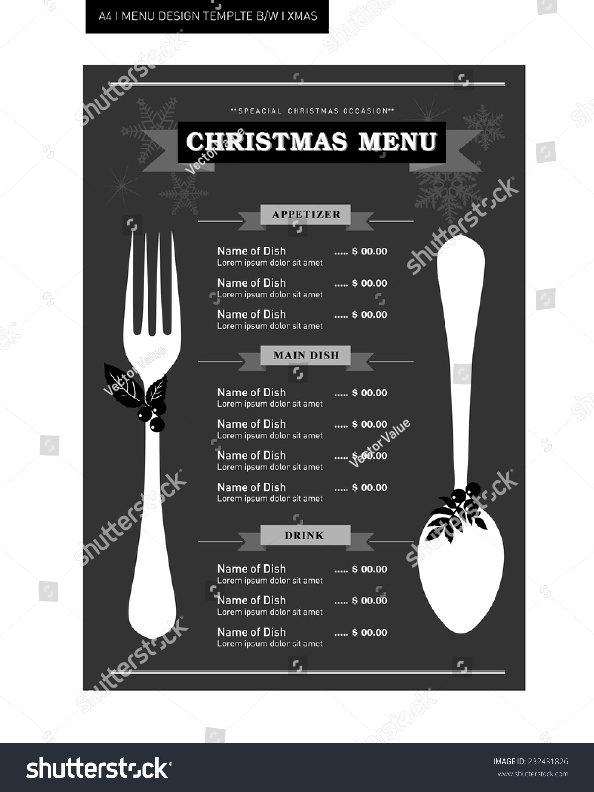 Restaurant Food Menu Template Design Black And White For Christmas Occasion Stock Vector Black Menu Template