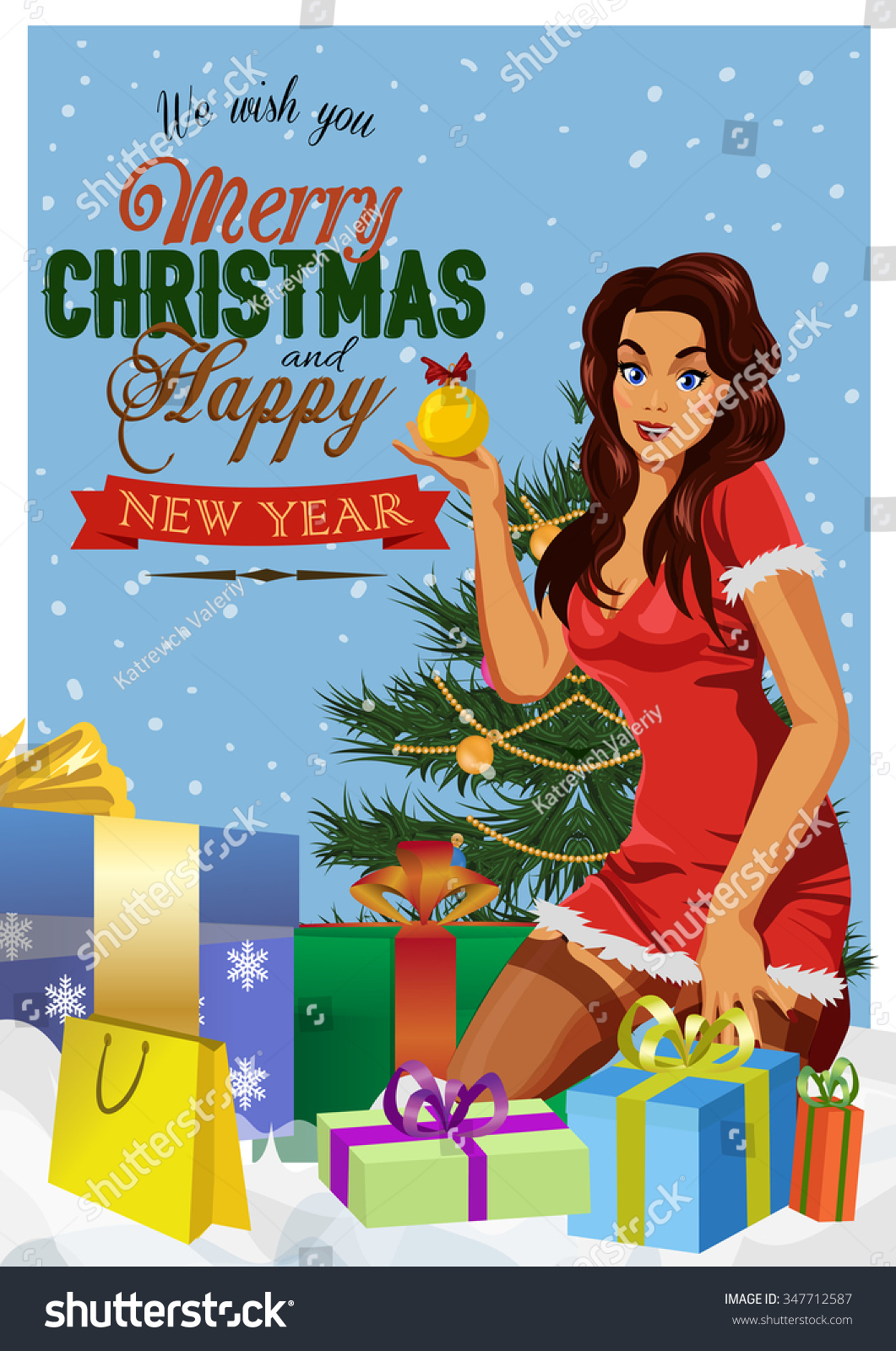 Retro Christmas Pinup Illustration Sexy Vintage Stock Vector Royalty Free Shutterstock