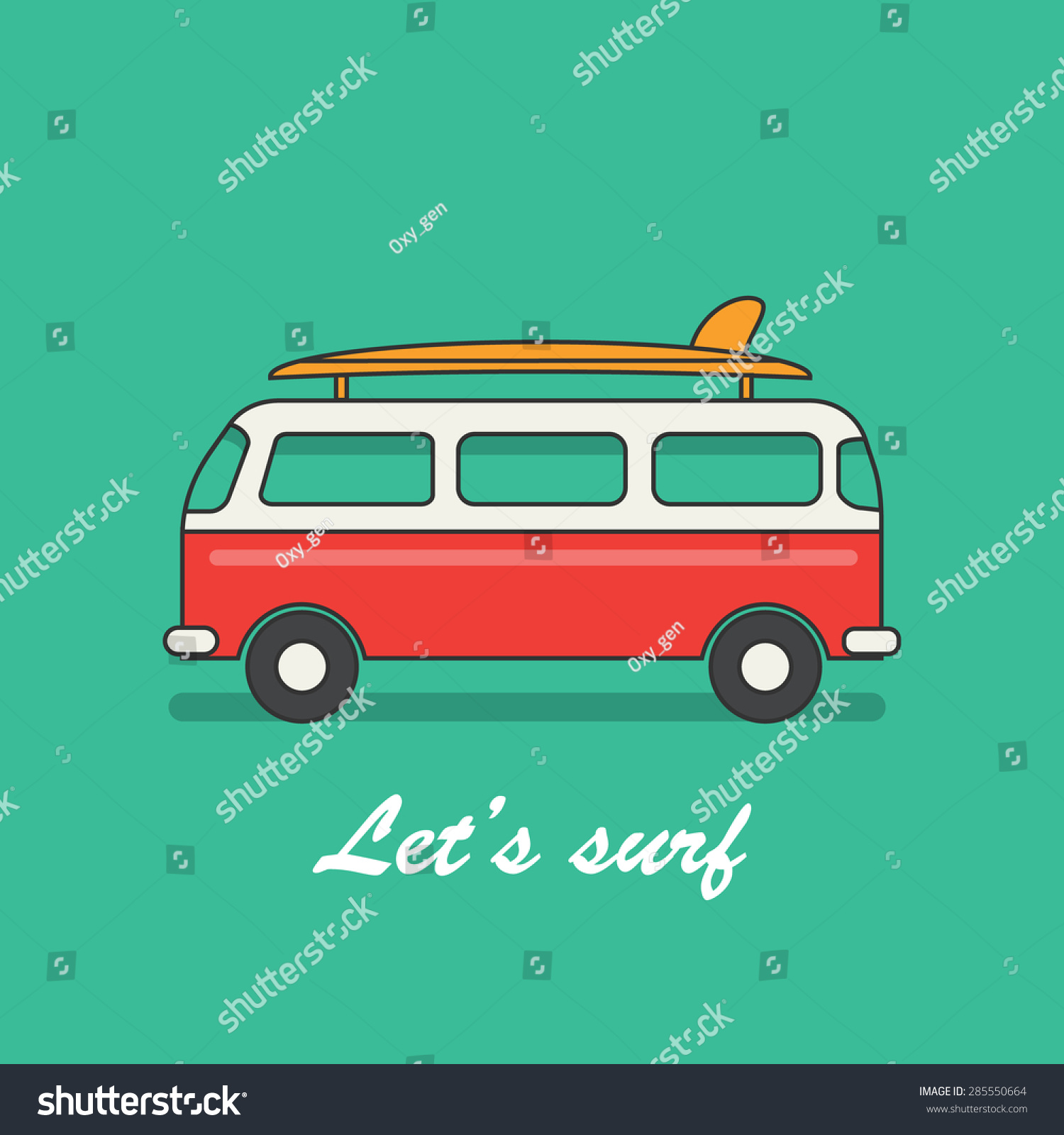 Retro Surf Van With Surf Board Vector Illustration 285550664