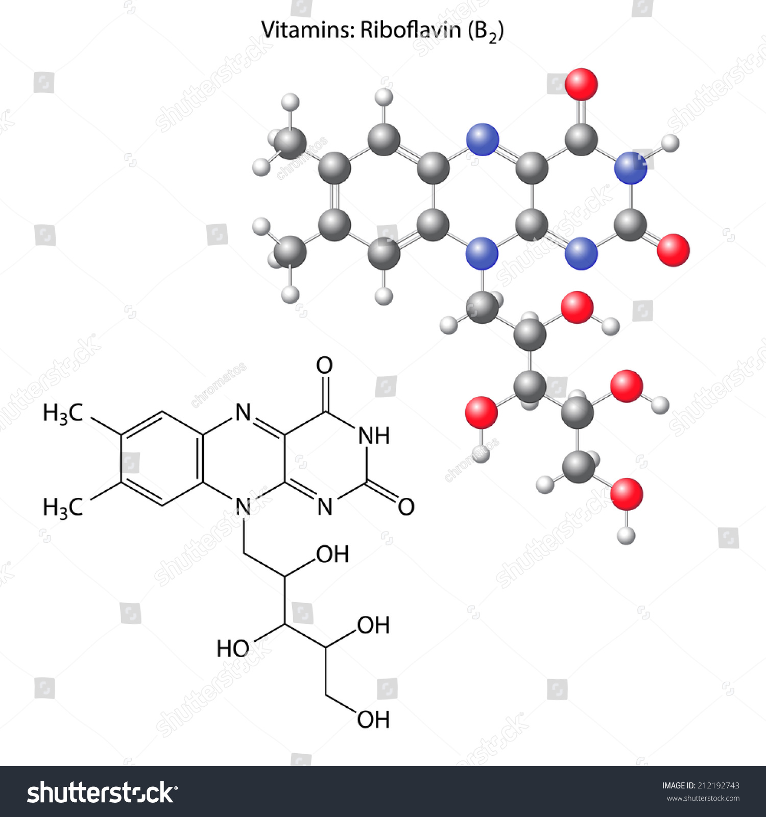 Riboflavin Molecule Vitamin B2 Structural Chemical Formula And Model 3d Illustration 3986