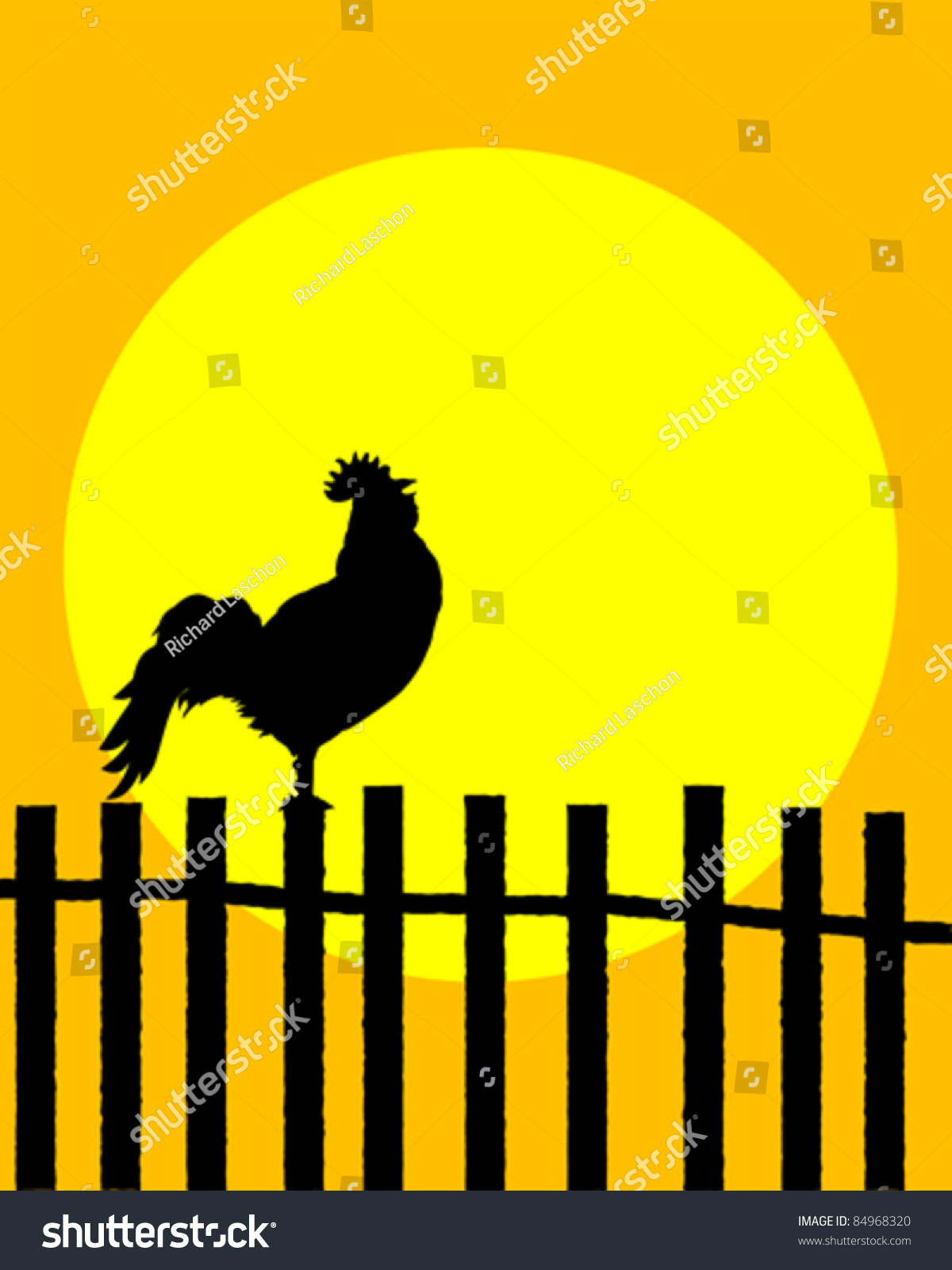 Rooster Silhouette On A Fence Announcing Sunrise Stock Vector 