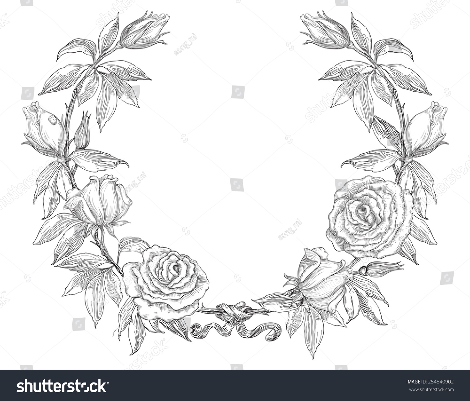 Roses. Rose Flower Wreath. Vector Floral Circle Border. Hand Draw At