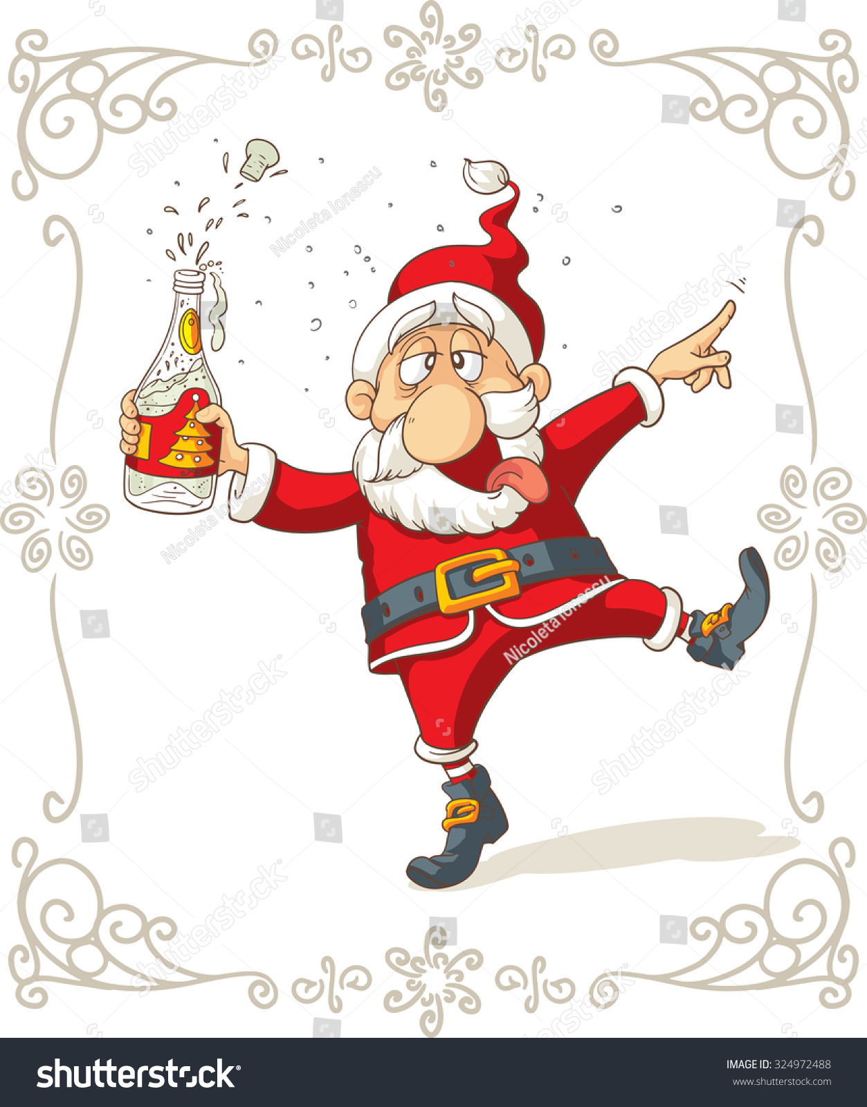 Santa Claus Dancing And Drinking Vector Cartoon Drunk Claus Holding A Champagne Bottle File 