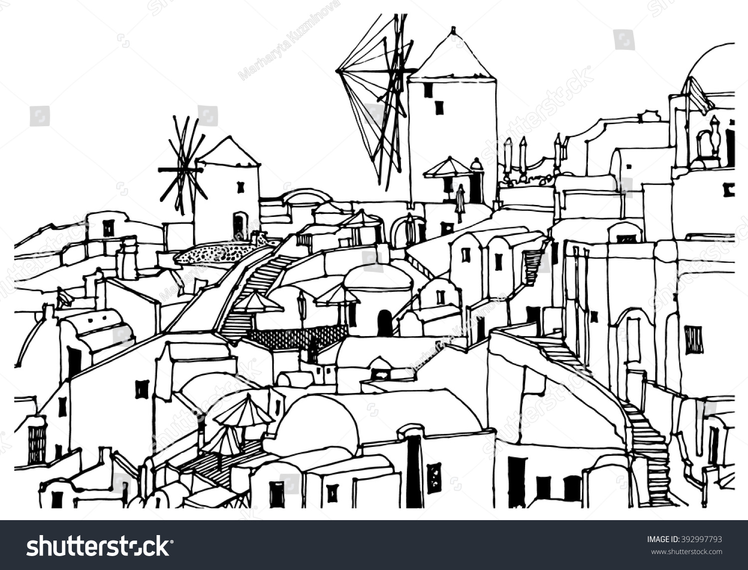 Scene Street, Panorama Illustration. Hand Drawn Ink Line Sketch Of