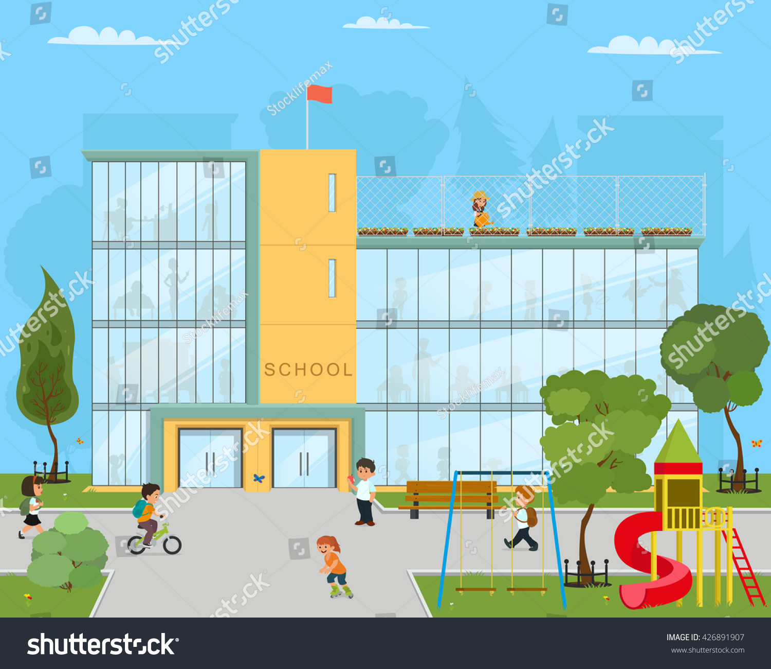 School Illustration. School Kids Uniform, School Garden, School 