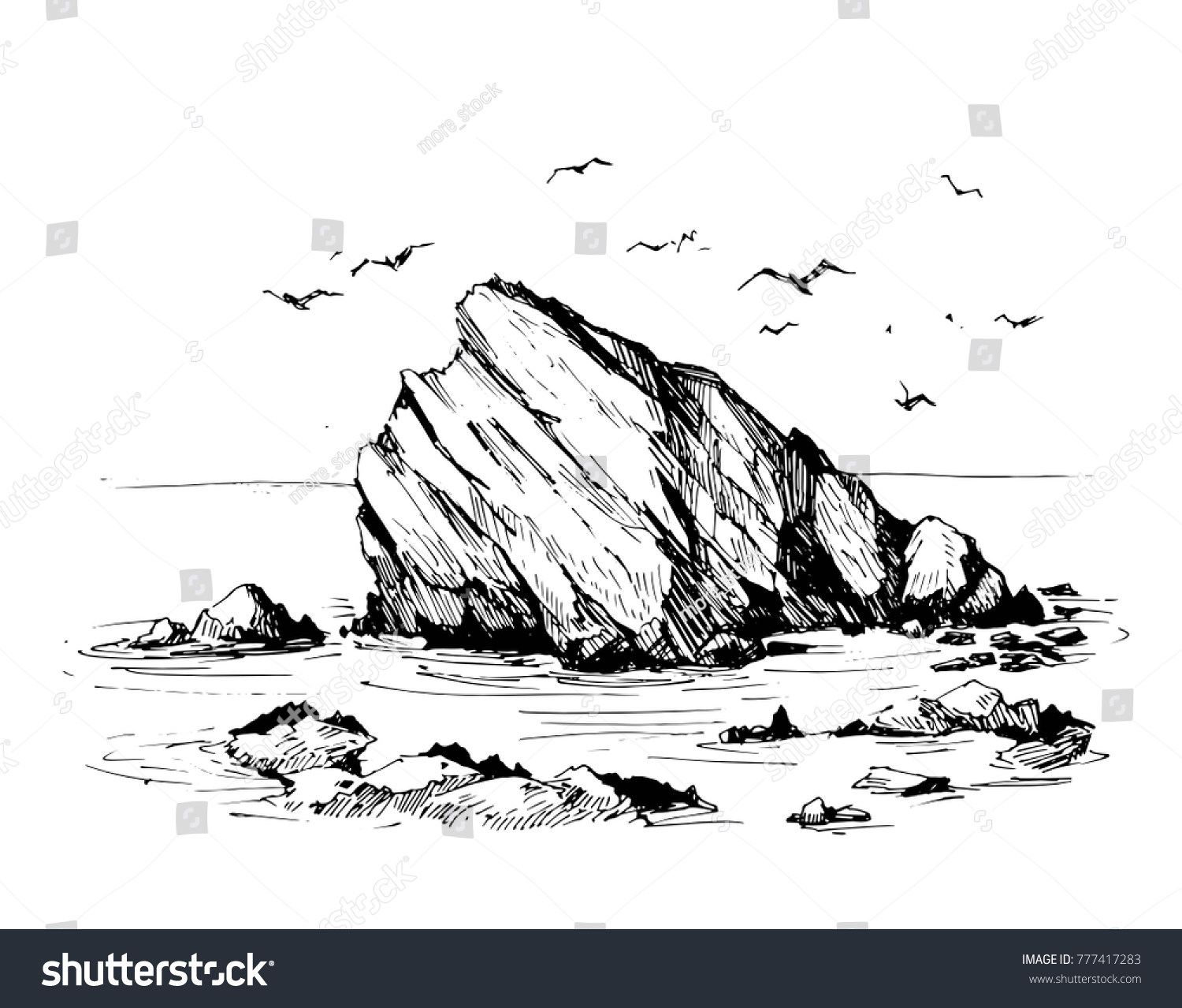 Sea Sketch Rocks Gulls Hand Drawn Vector De Stock Libre De Regal As