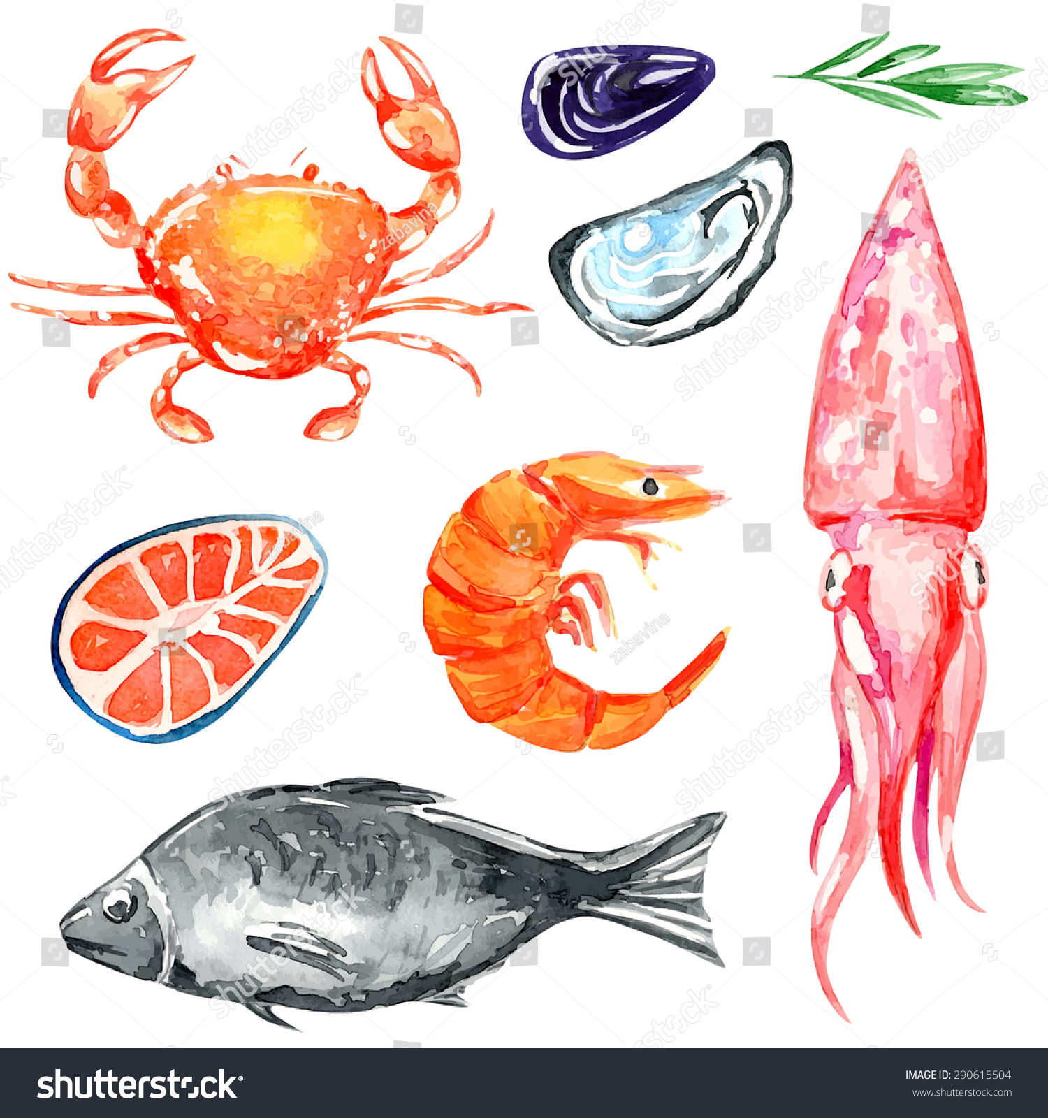 Seafood Set Nautical Food Watercolor Illustration Stock Vector