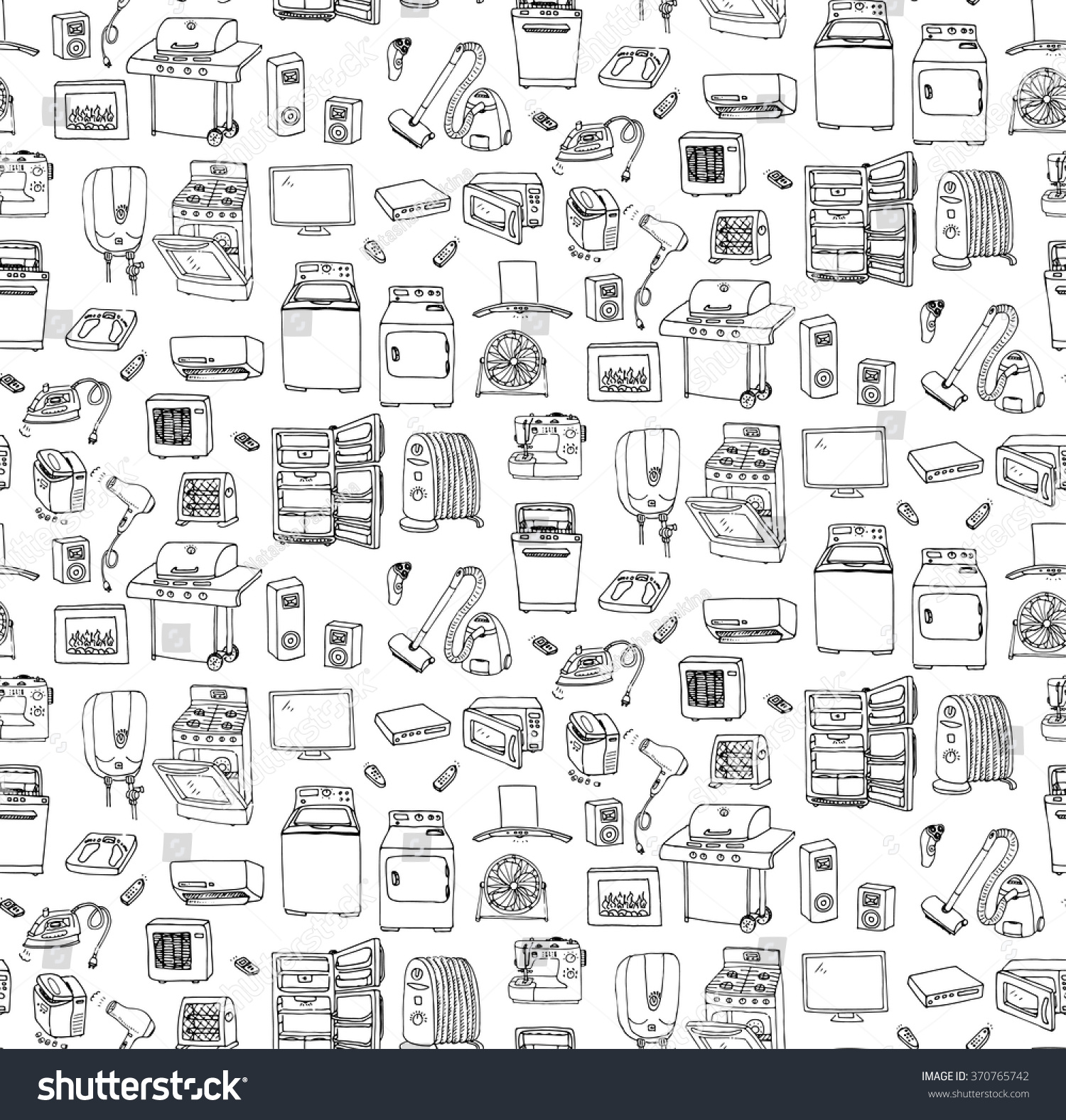 Seamless Background Hand Drawn Doodle Home Appliance Vector Illustration Cartoon Icons Set