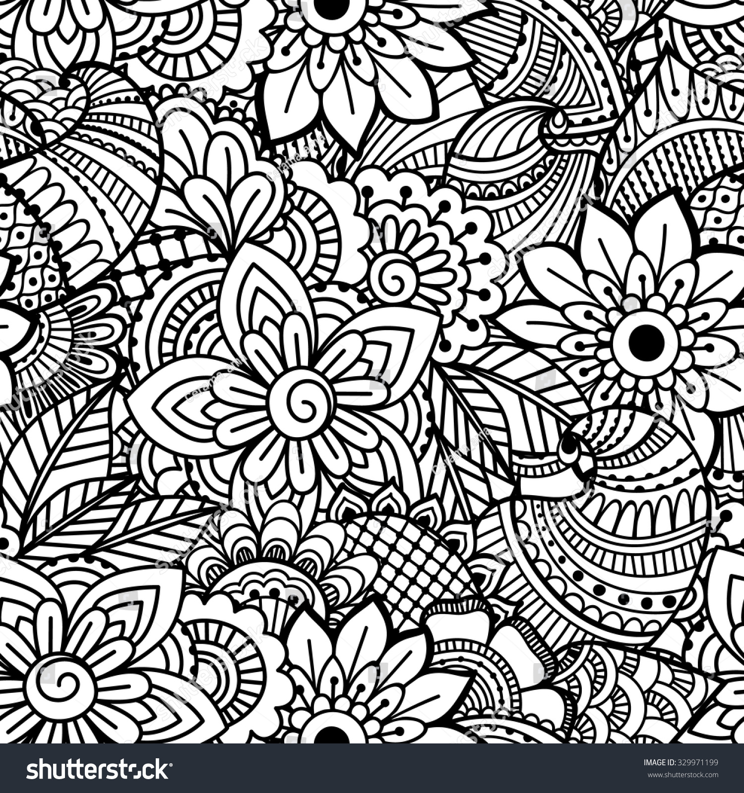 Seamless Black And White Pattern. Ethnic Henna Hand Drawn Background 