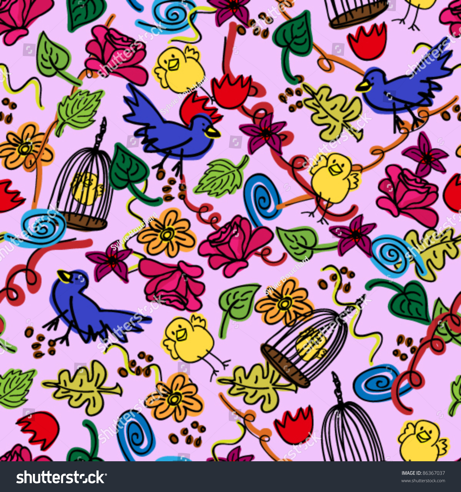 Seamless Busy Pattern Of Child Like Colorful Doodles With Birds, Cage