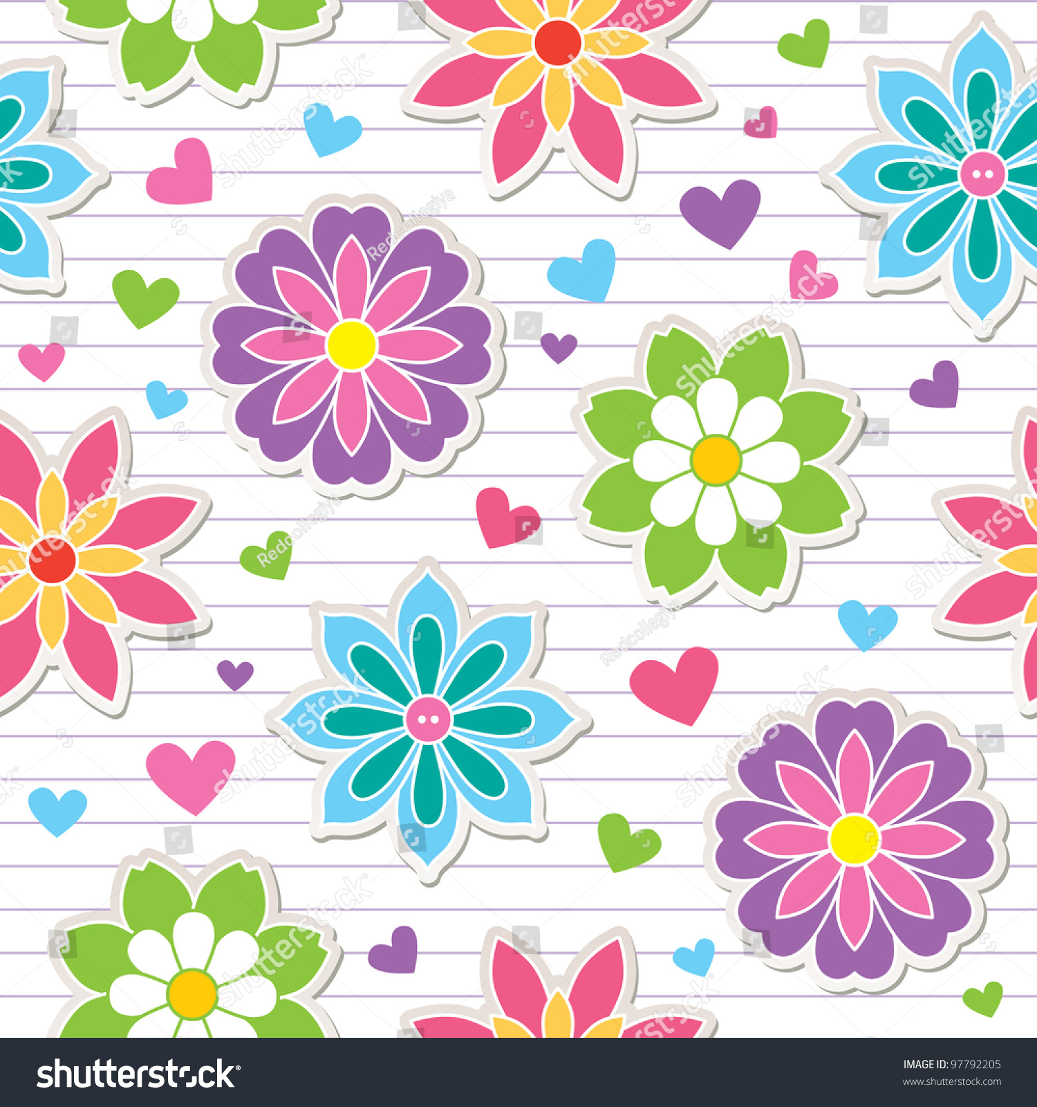 Seamless Pattern Of Flower Stickers, Vector Background - 97792205