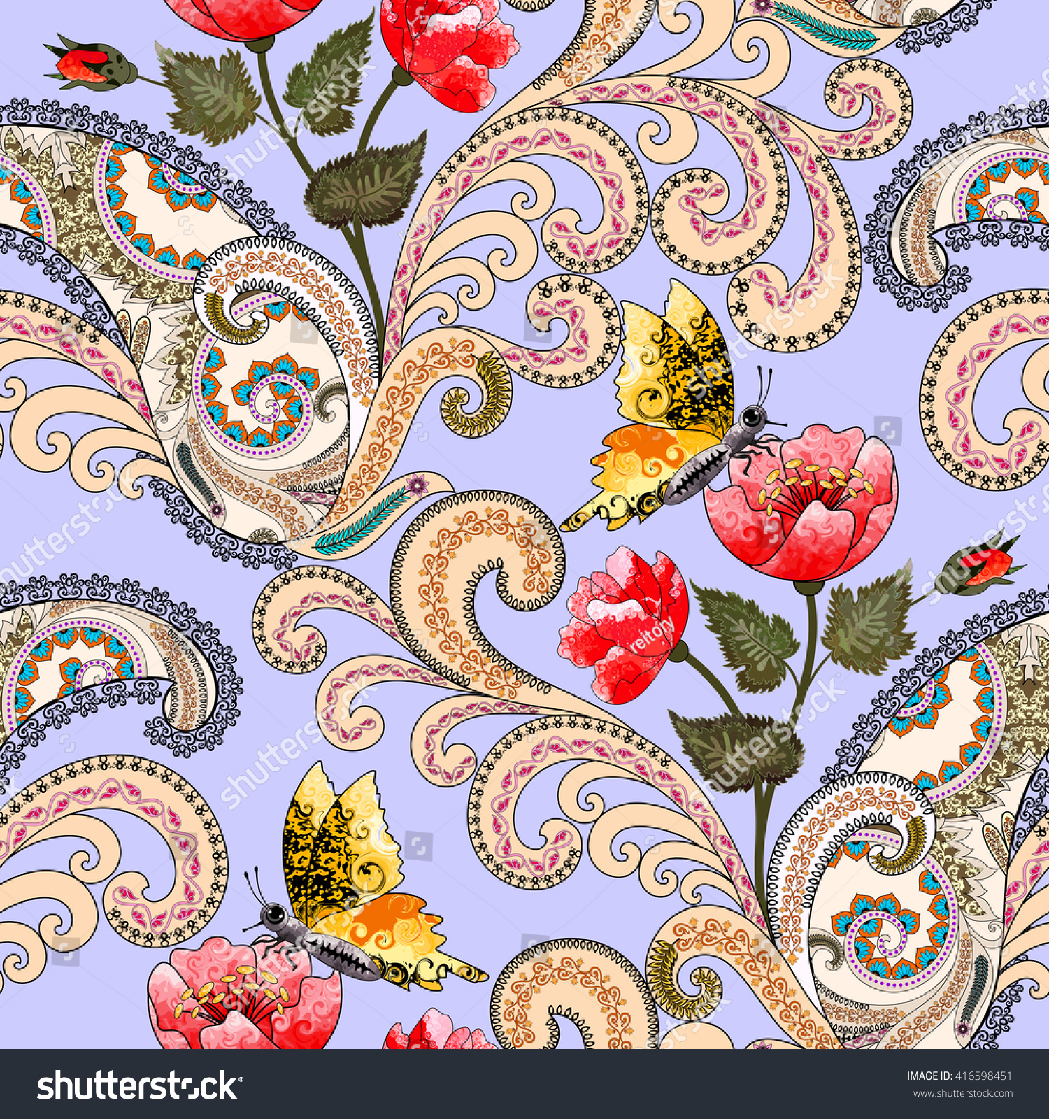 Beige Seamless Pattern With Poppies Seamless Pattern With Beige Swirls Paisley With Black