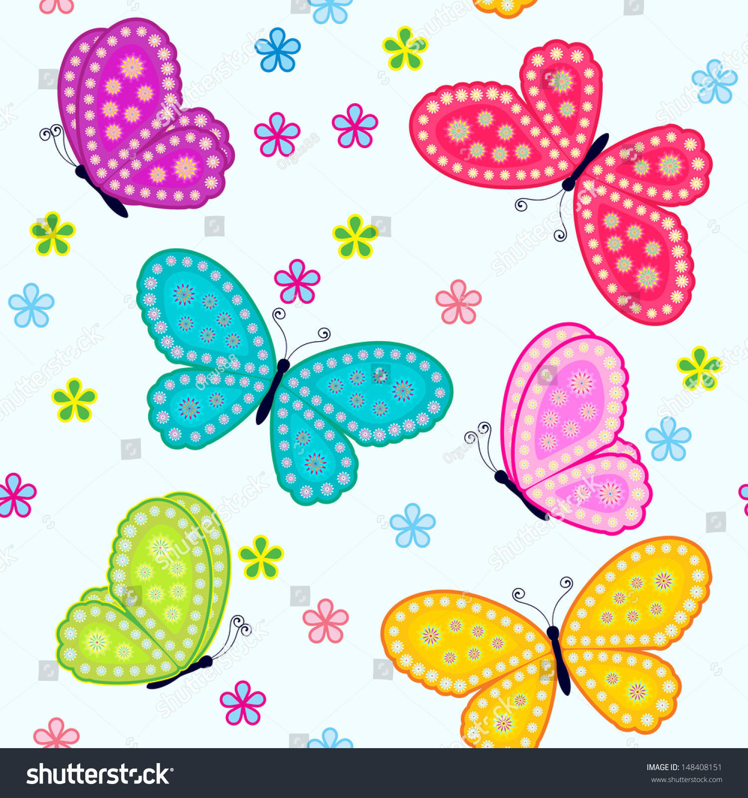 Seamless Pattern With Butterfly & Flower Stock Vector Illustration 