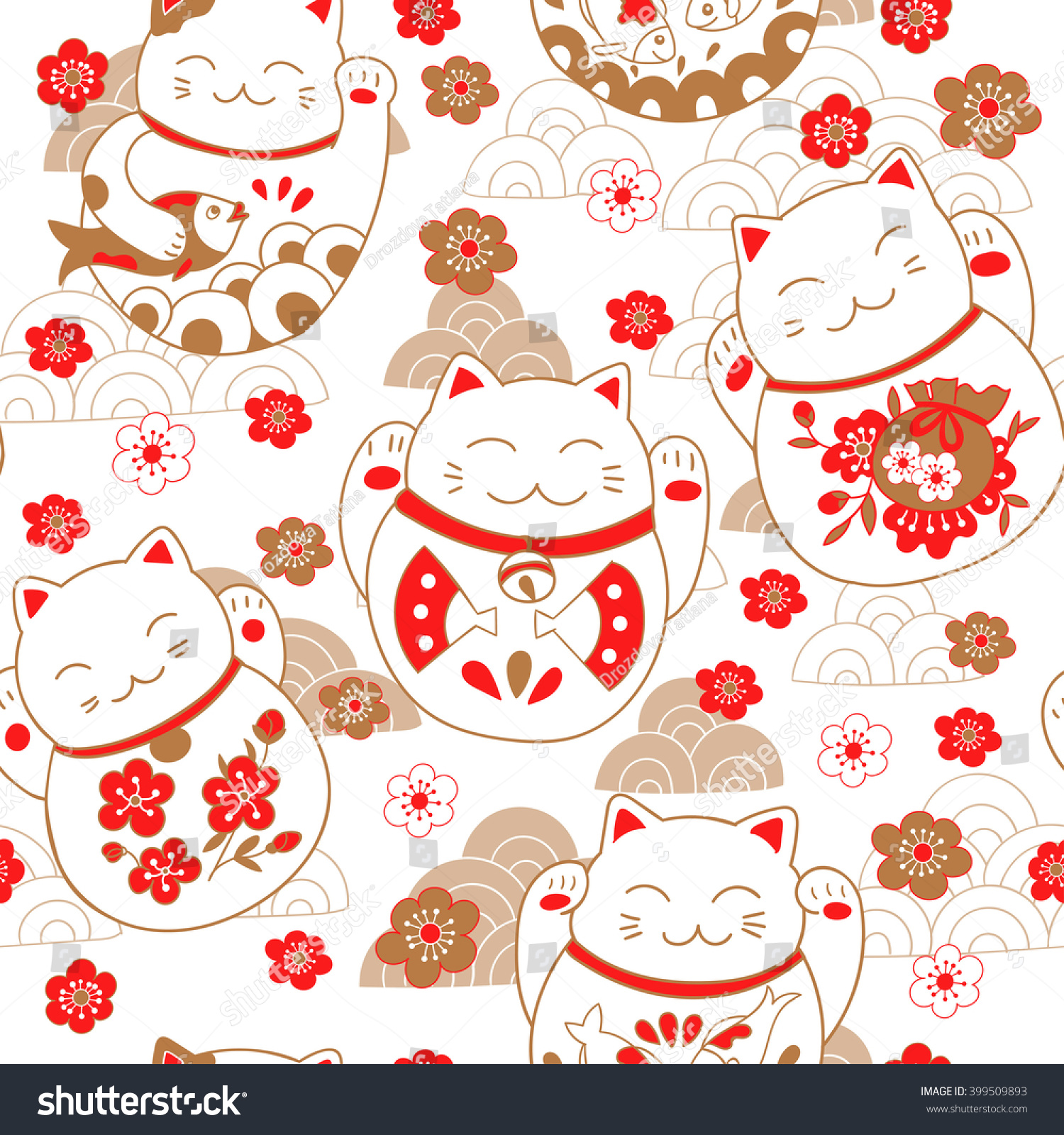 Seamless Pattern Cats Maneki Neko Sakura Stock Vector Royalty Free